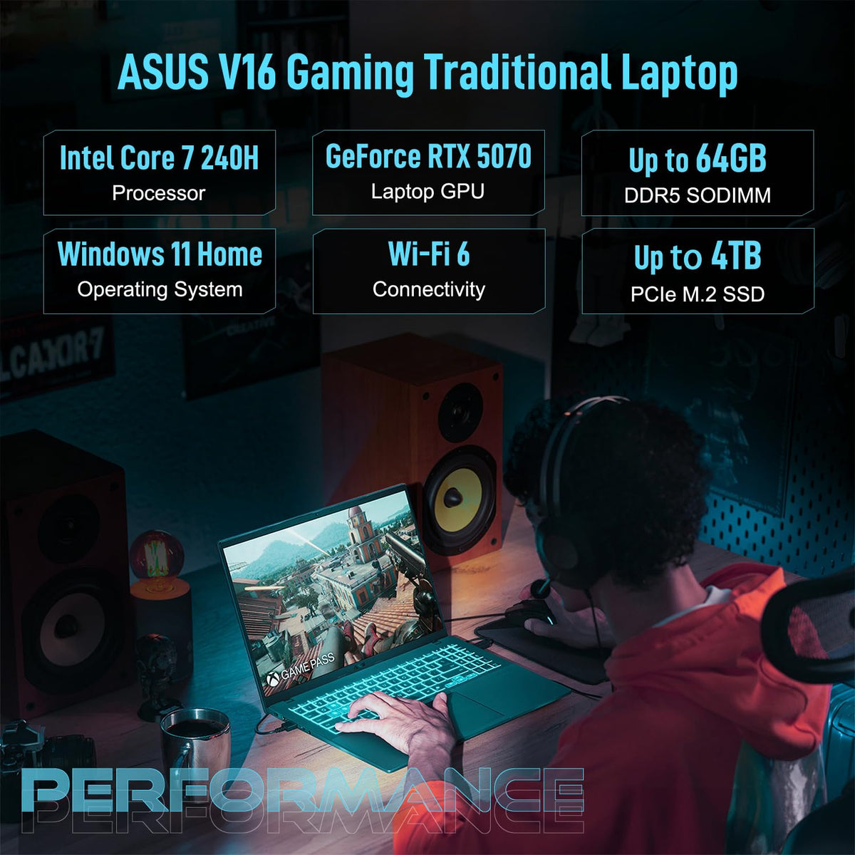 ASUS V16 RTX 5070 Intel Core 7 240H 32GB DDR5 1TB SSD Gaming Laptop | 16" WUXGA 144Hz 16:10 Display, Turbo Blue Backlit KB, Numeric Keypad, HDMI, Windows 11 Home, w/bundle