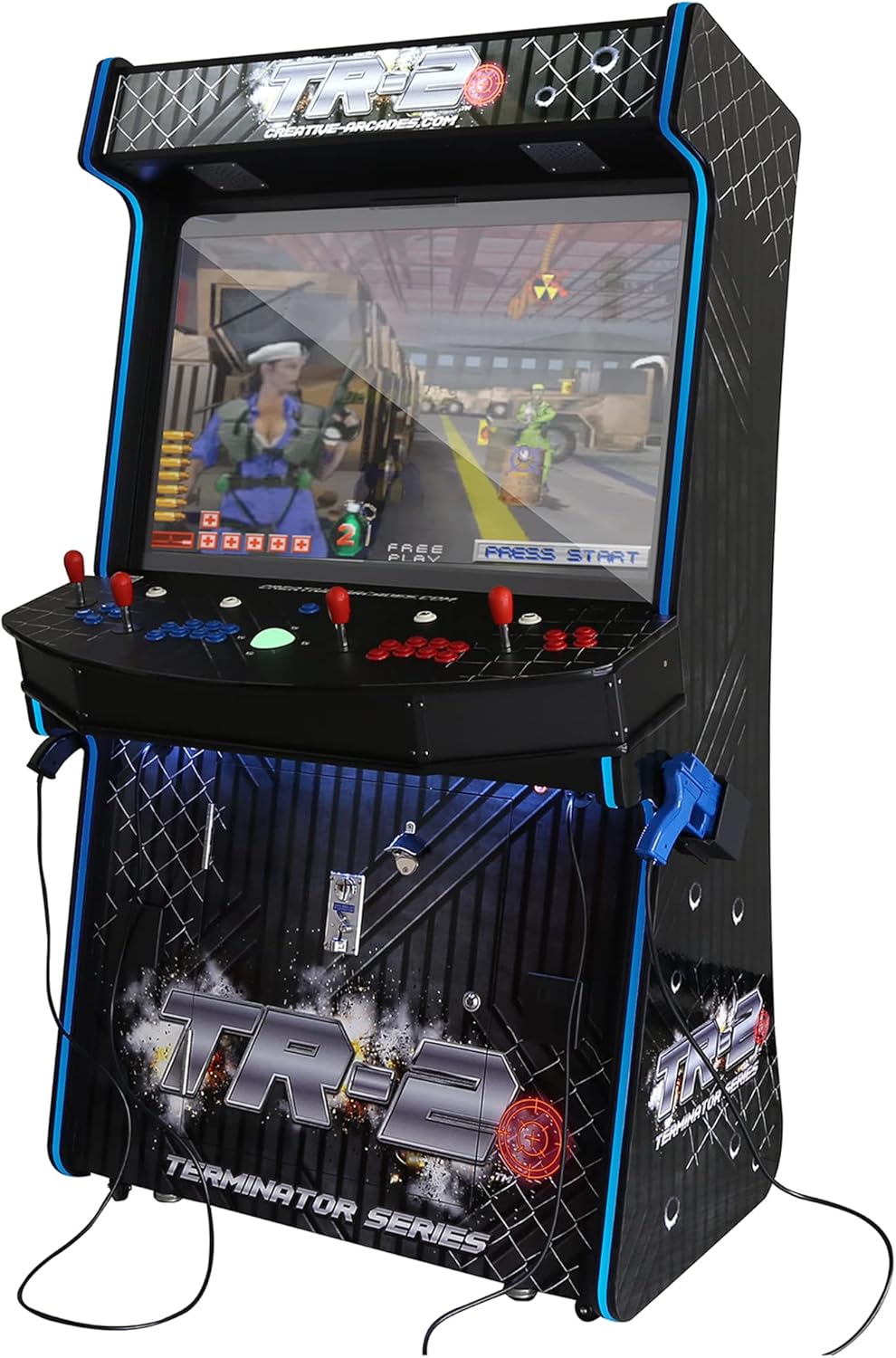 Creative Arcades Full-Size Commercial TR2 Classic Slimline Arcade Machine, 2 Lightguns, Stand-up Arcade 4 Player 43" LCD HD Monitor 9043 Games, 7 Color LED, 2 Tall Stools (Black Metal)