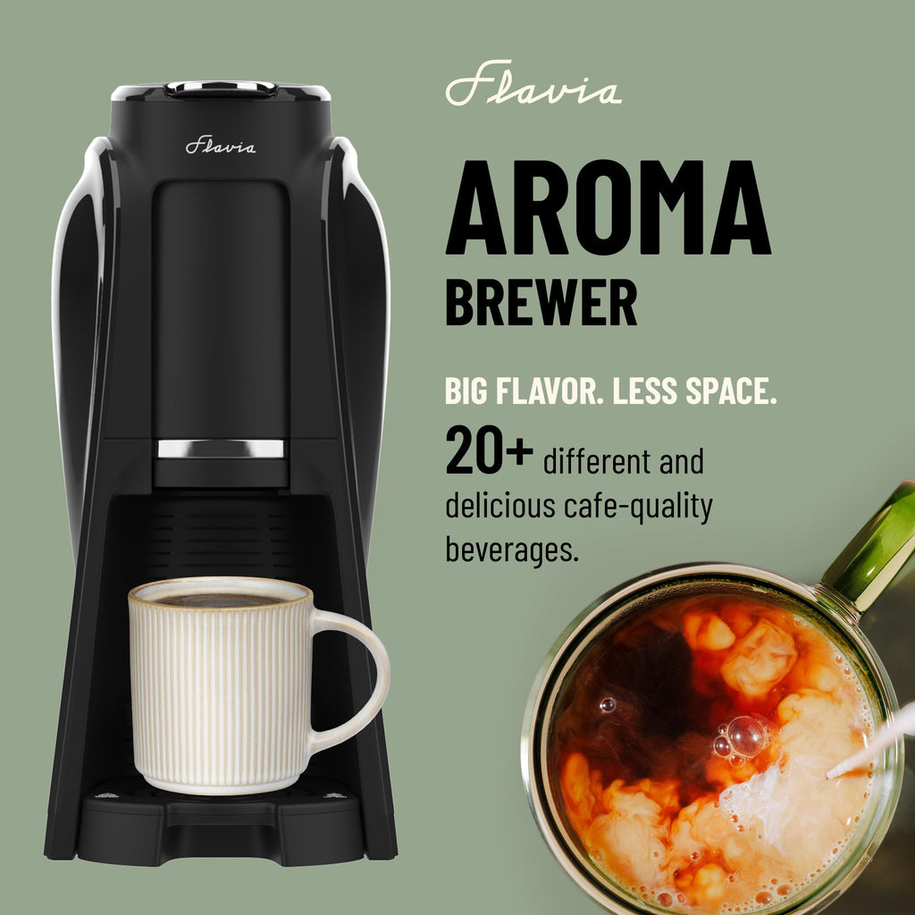 Flavia Aroma Brewer Bundle with 84 Freshpacks and 1 Merchandiser - Coffee Machine, Makes Coffee, Lattes, Tea, and other Hot or Iced Beverages, Multiple Brew Sizes, Black, Works ONLY with Freshpacks