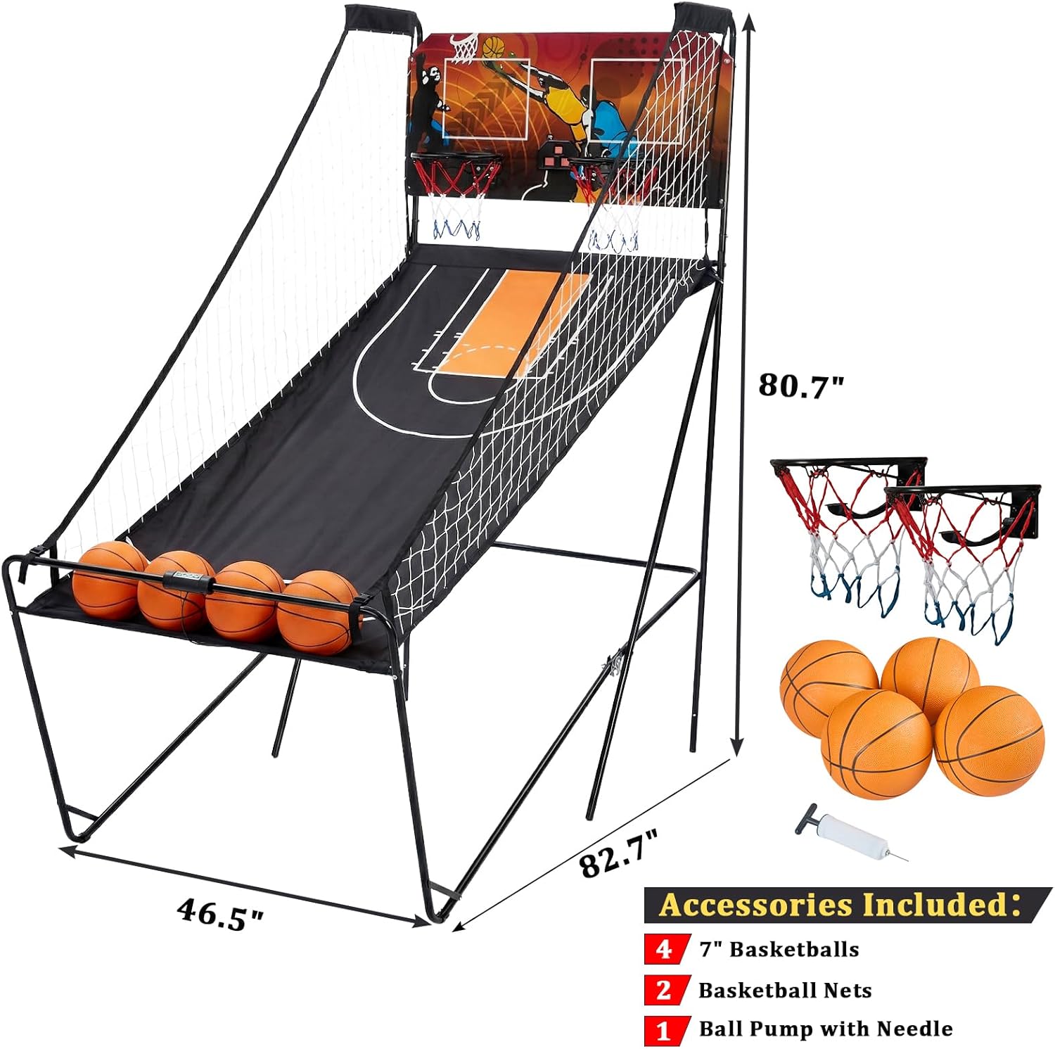 Foldable Dual Shot Basketball Arcade Game for Game Room | Folding 2 Player Indoor Basketball Shooting Game with 4 Balls, Dual Hoops, Inflation Pump, Electronic Scoreboard, 8 Game Modes