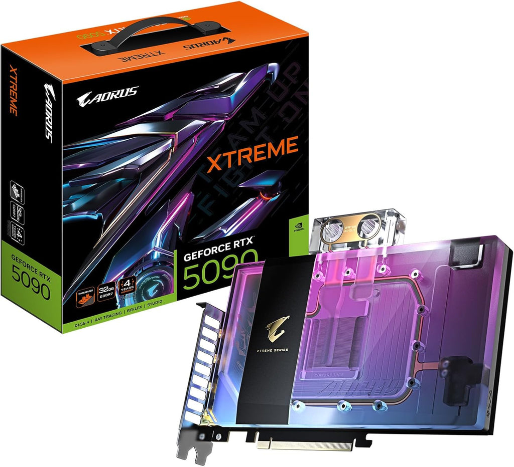 GIGABYTE AORUS GeForce RTX 5090 Xtreme WATERFORCE WB 32G Graphics Card, WATERFORCE Water Block Cooling System, 32GB 512-bit GDDR7, GV-N5090AORUSX WB-32GD Video Card
