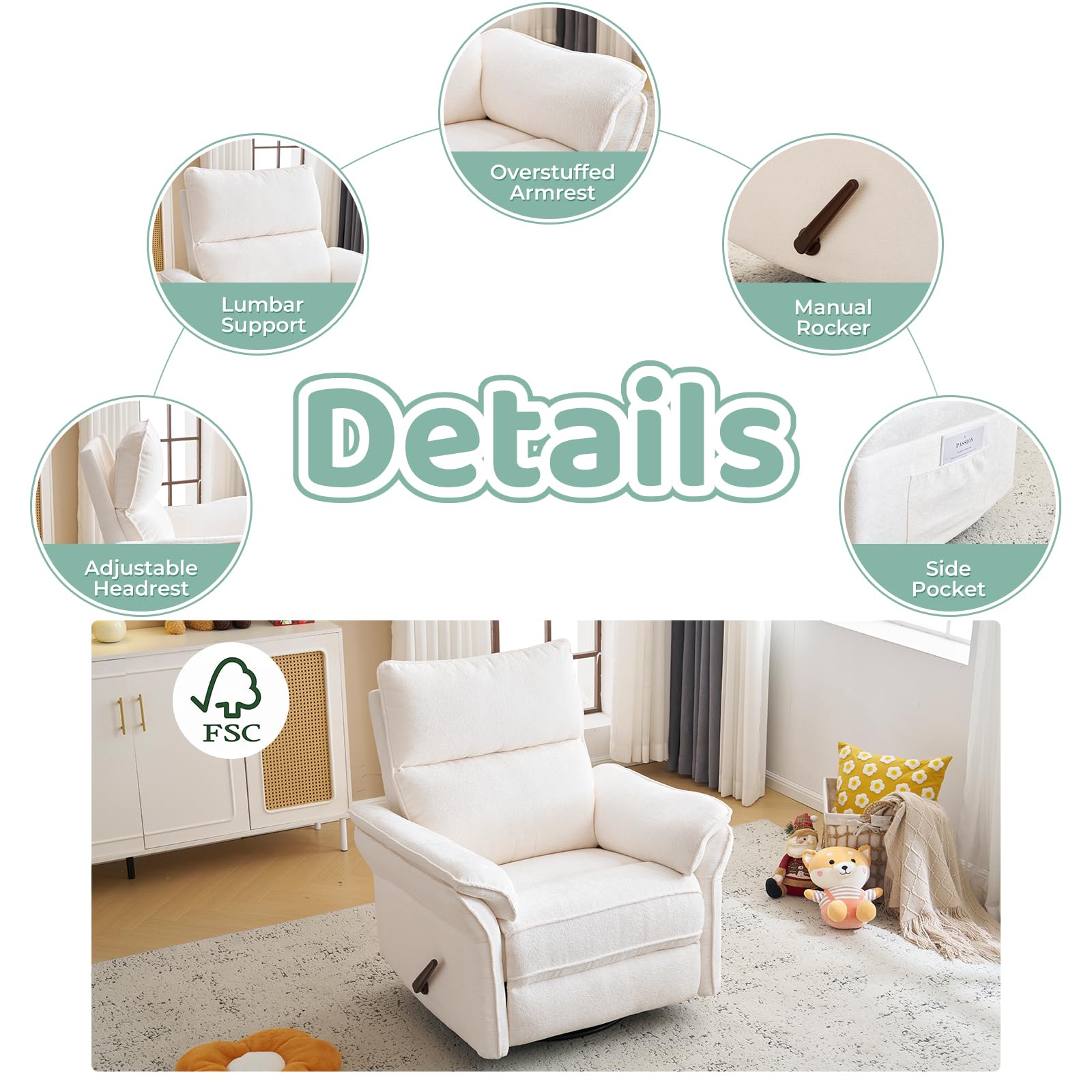 Oversized Rocking Chair Nursery with Massage and Heat, Glider Recliner Nursery Chair with Adjustable Headrest, Power Swivel Rocker Recliner Chair with USB Port, Dark Grey