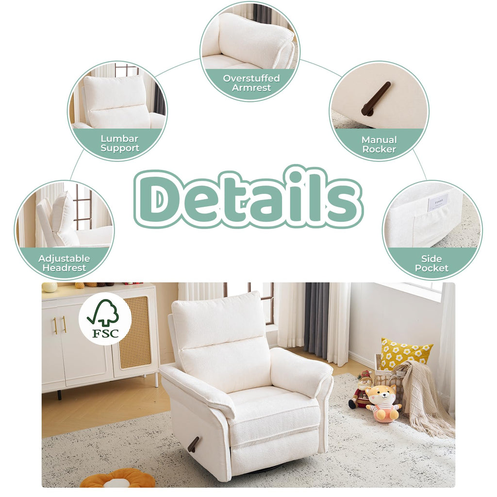 Oversized Rocking Chair Nursery with Massage and Heat, Glider Recliner Nursery Chair with Adjustable Headrest, Power Swivel Rocker Recliner Chair with USB Port, Dark Grey