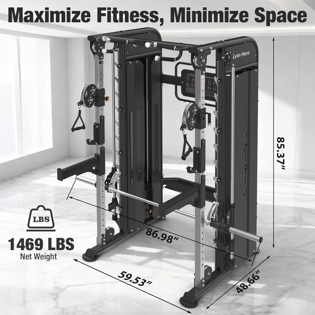 Functional Trainer Smith Machine for Commercial, Multifunctional Cable Crossover Exercise Machine, All in One Home Gym System, Compact Fitness Equipment, Workout Weight Machine for Strength Training
