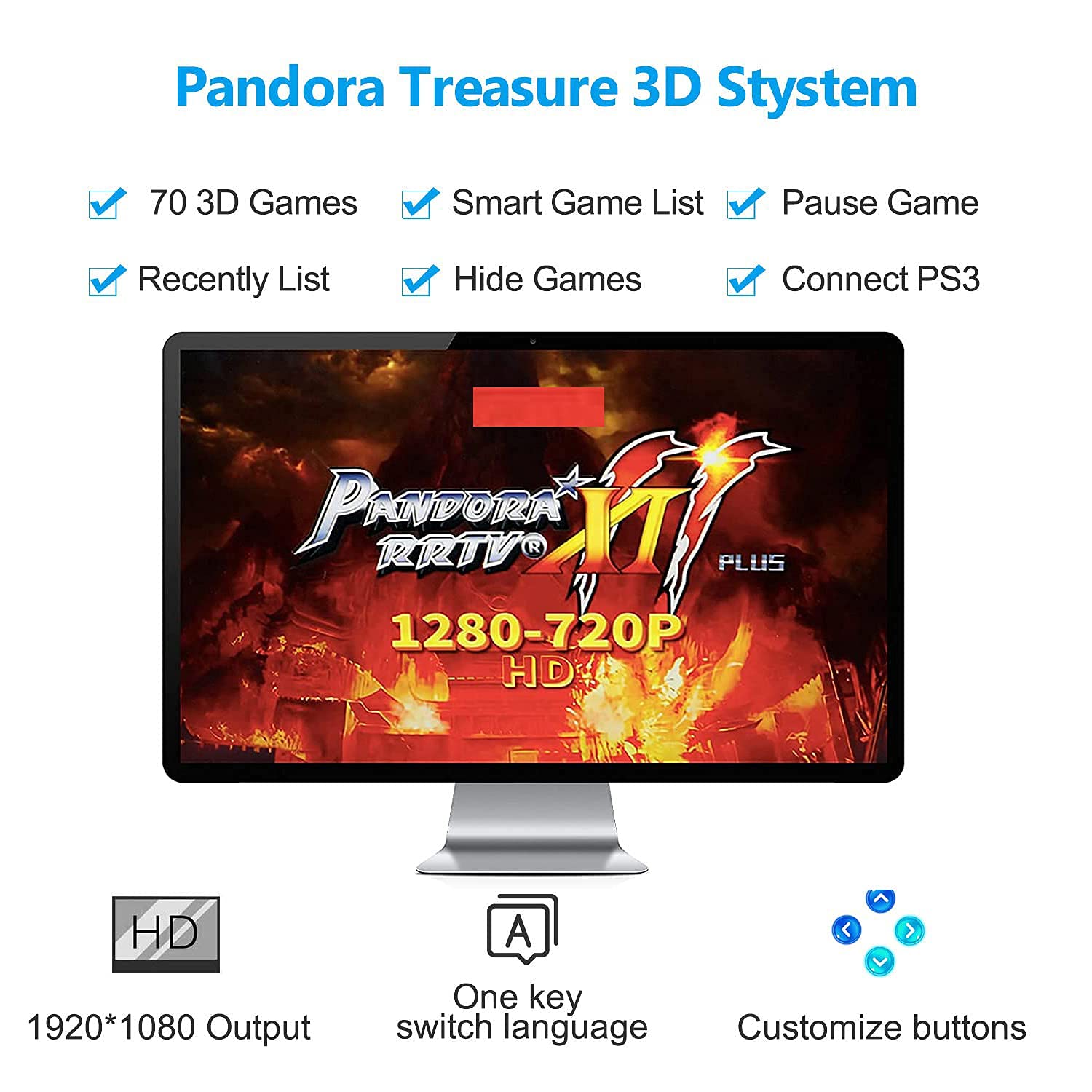 30000 Games in 1 Arcade Game Console ,Pandora Treasure 3D Double Stick,30000 Classic Arcade Games,Search Game, Support 3D,Favorite List, 4 Players Online,1280X720 Full HD Video