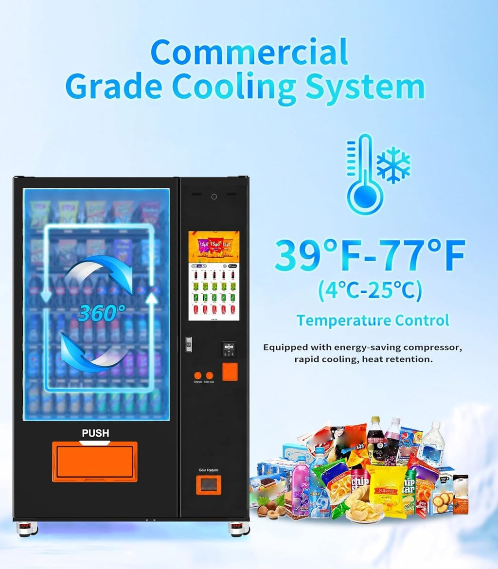 AFEN 60 Slots Vending Machine with Card Reader Commercial Snack & Drink Combo Vending Machine for Business Refrigerated, Mobile Remote Control, with 21.5" Touch Screen, Cashless Payment