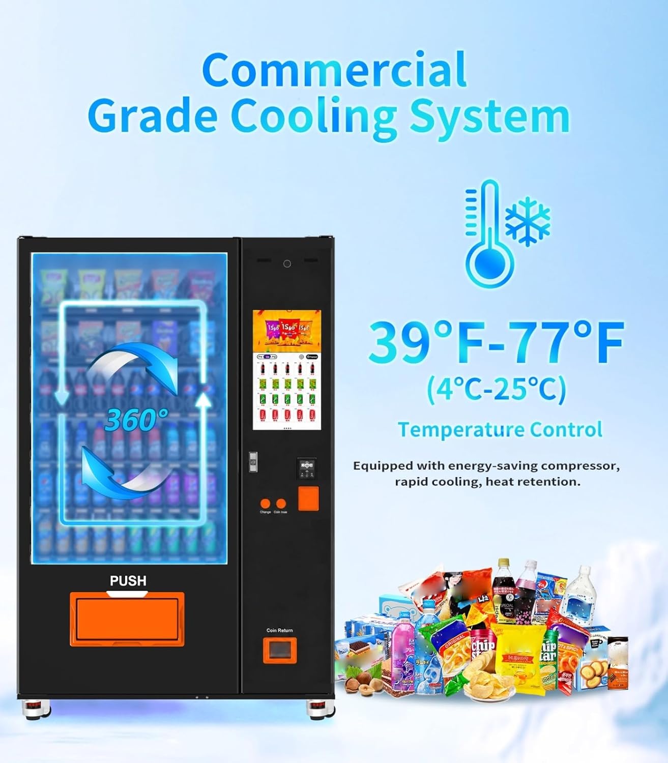 AFEN 60 Slots Vending Machine with Card Reader Commercial Snack & Drink Combo Vending Machine for Business Refrigerated, Mobile Remote Control, with 21.5" Touch Screen, Cashless Payment