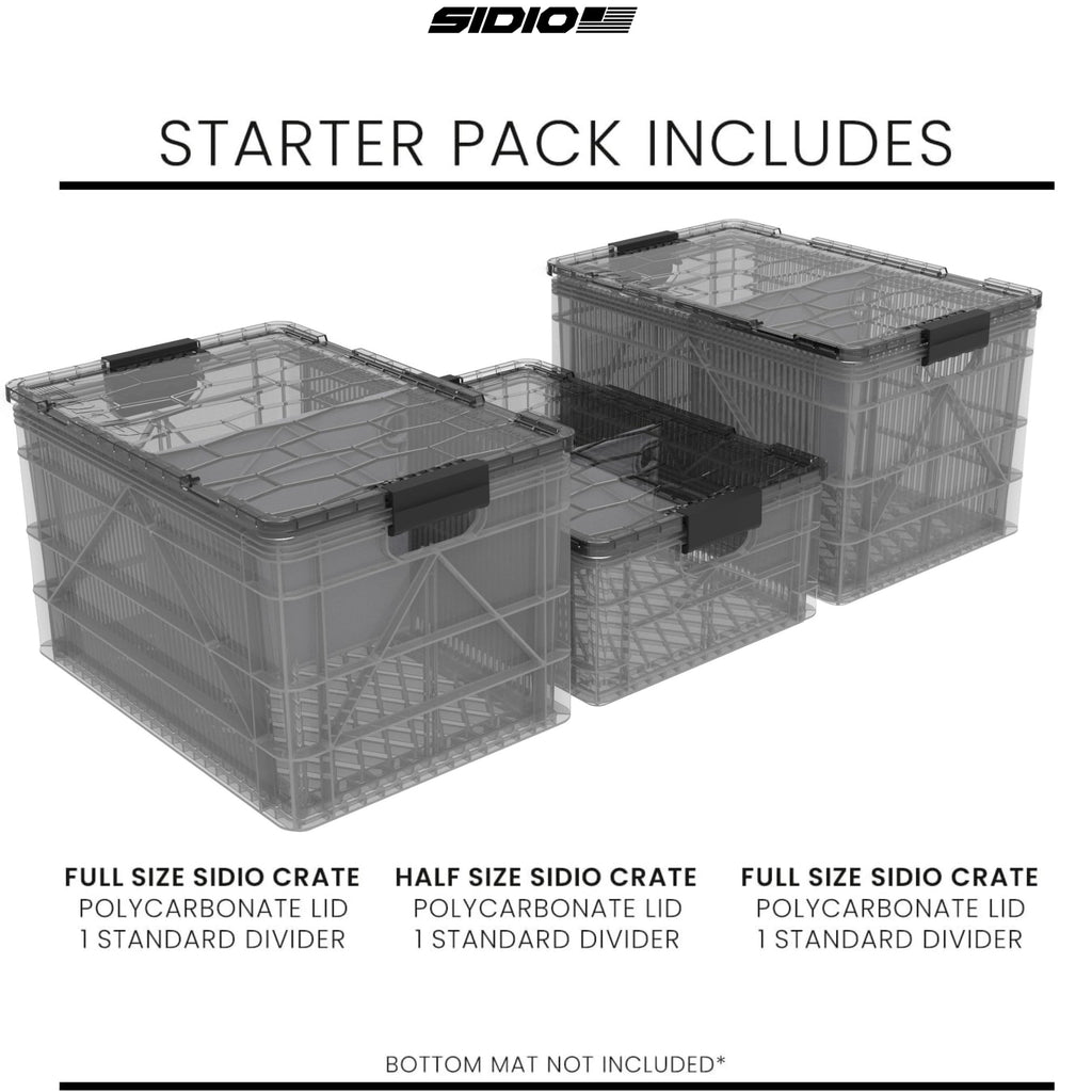 SIDIO CRATE Starter Pack - Two Full Size and One Half Size SidioCrate, Stackable Outdoor Organizer Storage Bins with Clear Lid and Dividers - Tan