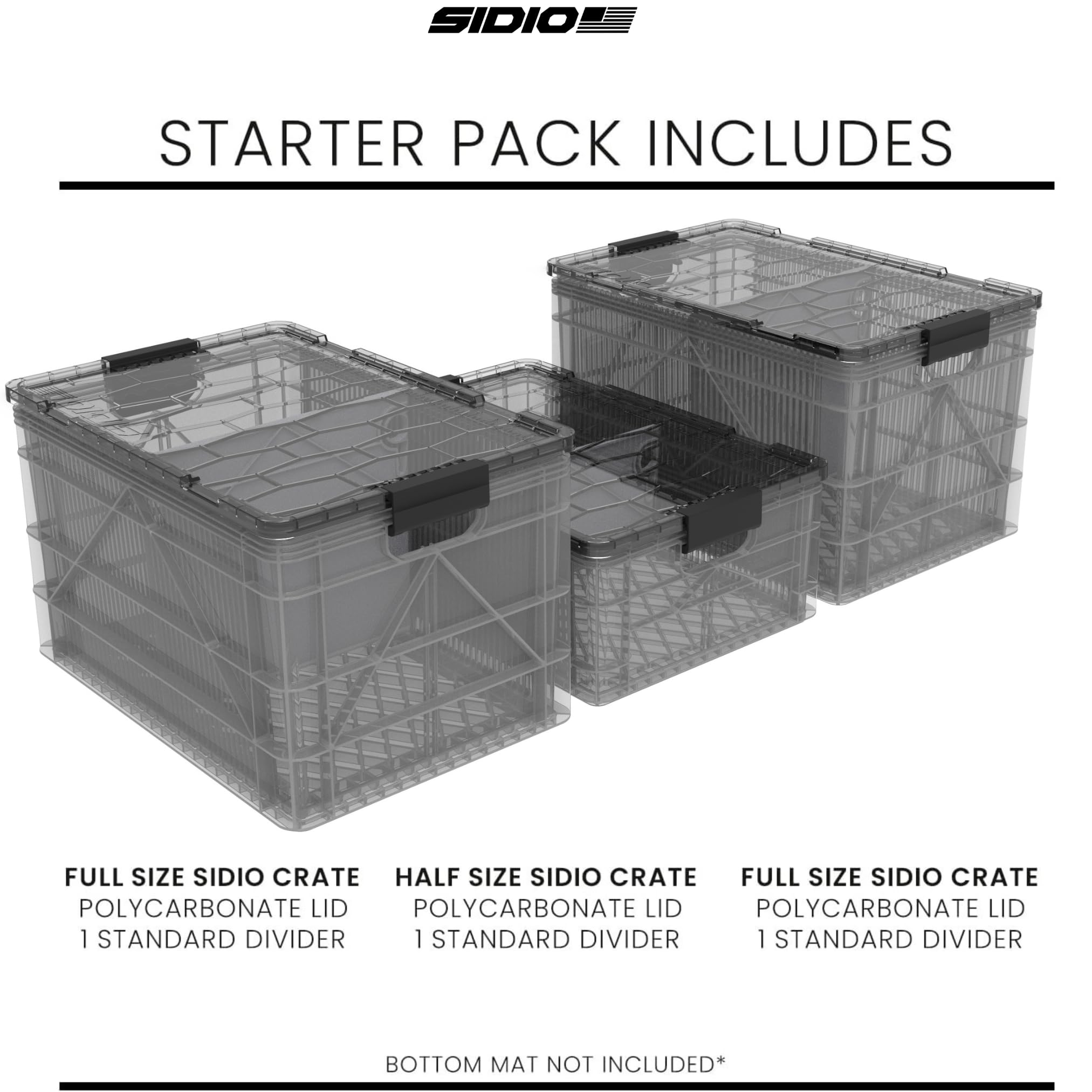 SIDIO CRATE Starter Pack - Two Full Size and One Half Size SidioCrate, Stackable Outdoor Organizer Storage Bins with Clear Lid and Dividers - Tan