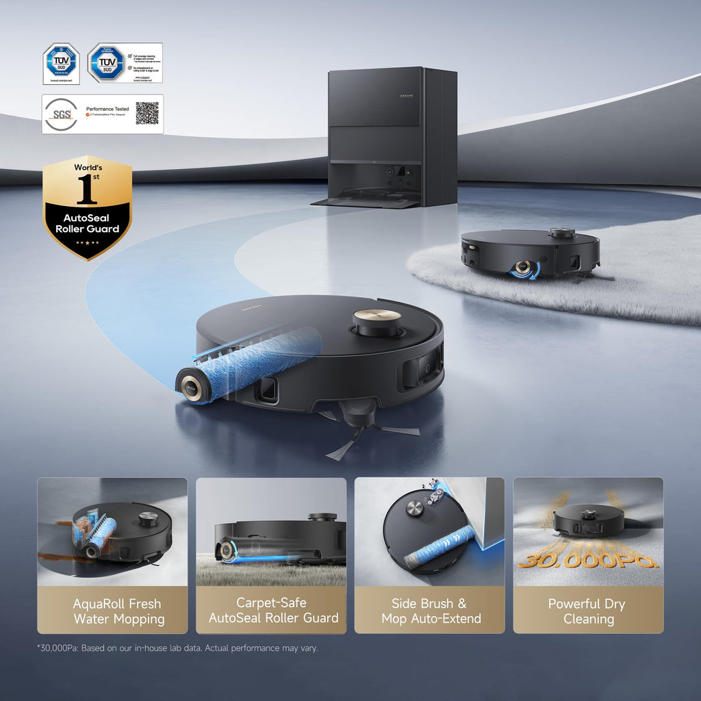 DREAME Aqua10 Roller AE Robot Vacuum, Roller Mop Fresh Water Mopping, Carpet-Safe Roller Guard, Auto-Empty, 30,000Pa Suction, 212℉ Hot Water Mop Washing, Hot Air Drying, 100% Detangling, Voice Control