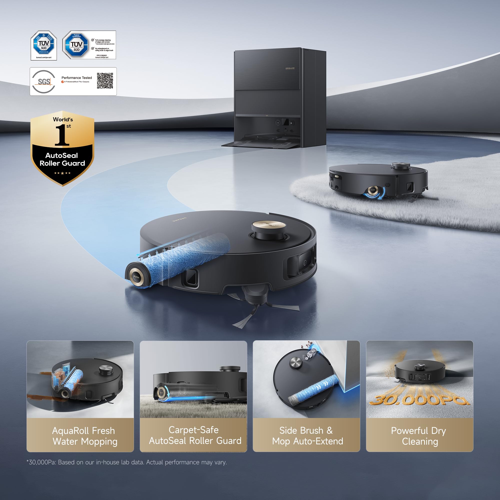 DREAME Aqua10 Roller AE Robot Vacuum, Roller Mop Fresh Water Mopping, Carpet-Safe Roller Guard, Auto-Empty, 30,000Pa Suction, 212℉ Hot Water Mop Washing, Hot Air Drying, 100% Detangling, Voice Control