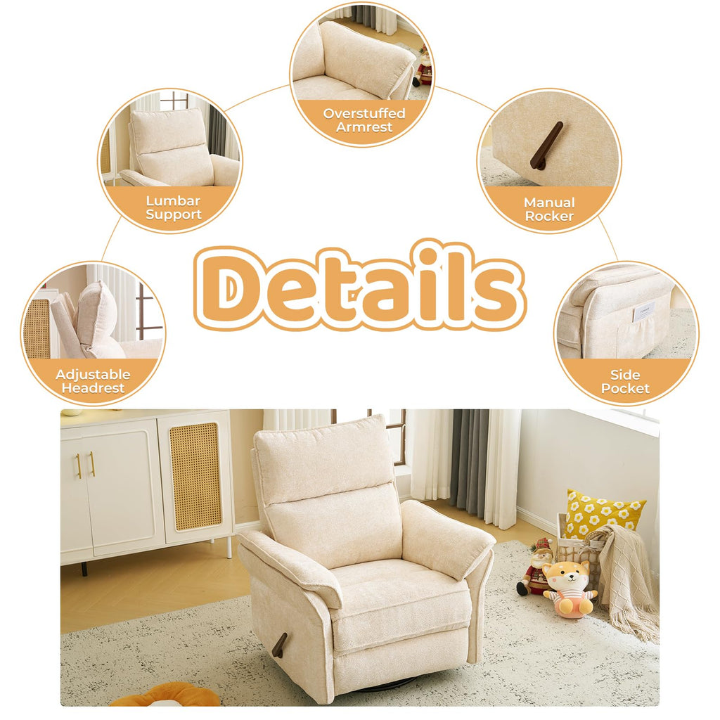 Oversized Rocking Chair Nursery with Massage and Heat, Glider Recliner Nursery Chair with Adjustable Headrest, Power Swivel Rocker Recliner Chair with USB Port, Dark Grey