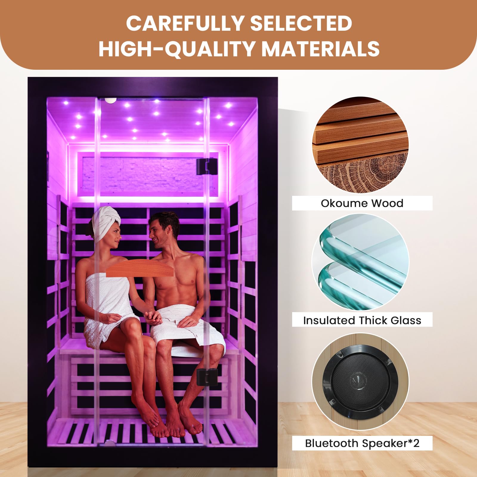 2 Person Infrared Sauna Far Infrared Sauna Room for Home Indoor 2000W Low-EMF Wood Dry Sauna with Full Starry Sky Lights Ceiling in 7 Color Speaker Fast Heating Easy Assembly- 47.3*41.3*74.8 IN