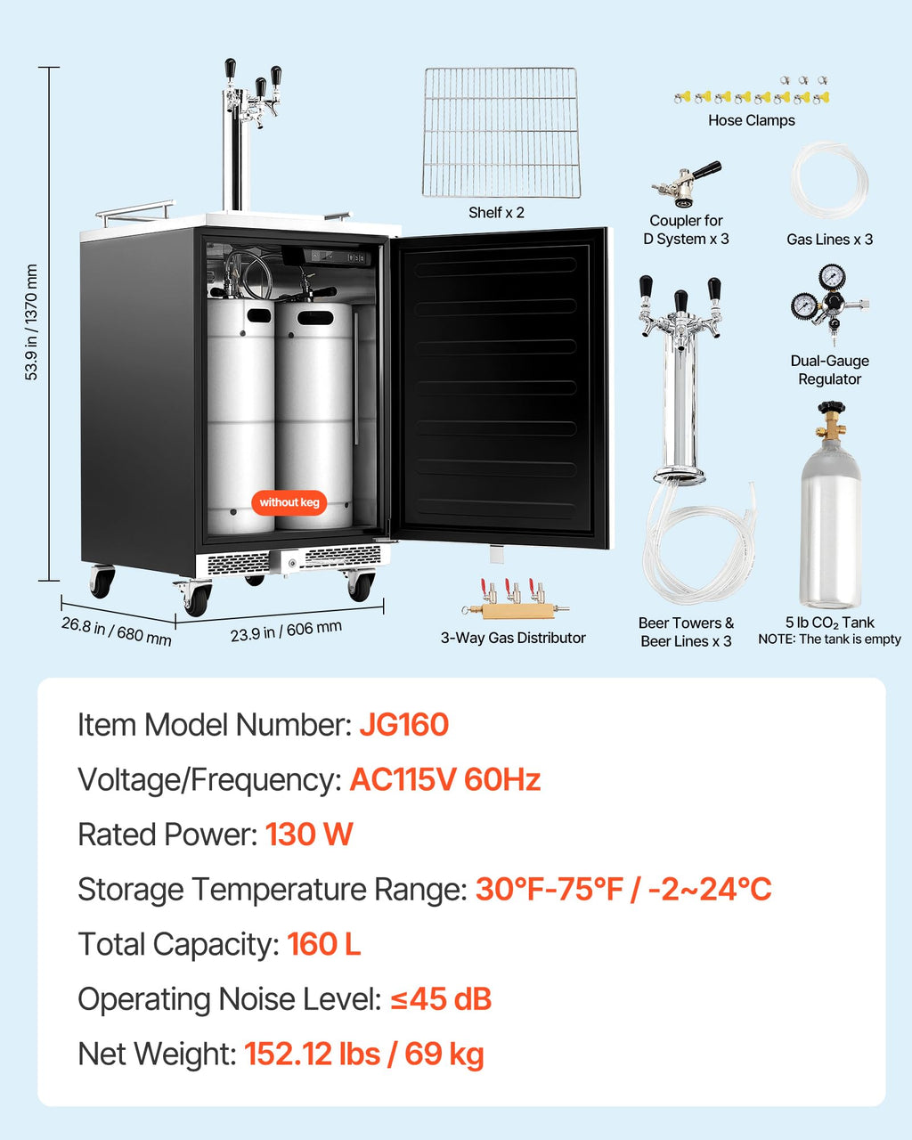 VEVOR Beer Kegerator, Dual Tap Commercial Draft Beer Dispenser for D system, Full Size Keg Refrigerator with 5lbs CO2 Tank, Hold 2 Sixth / 2 Ball lock keg, Black