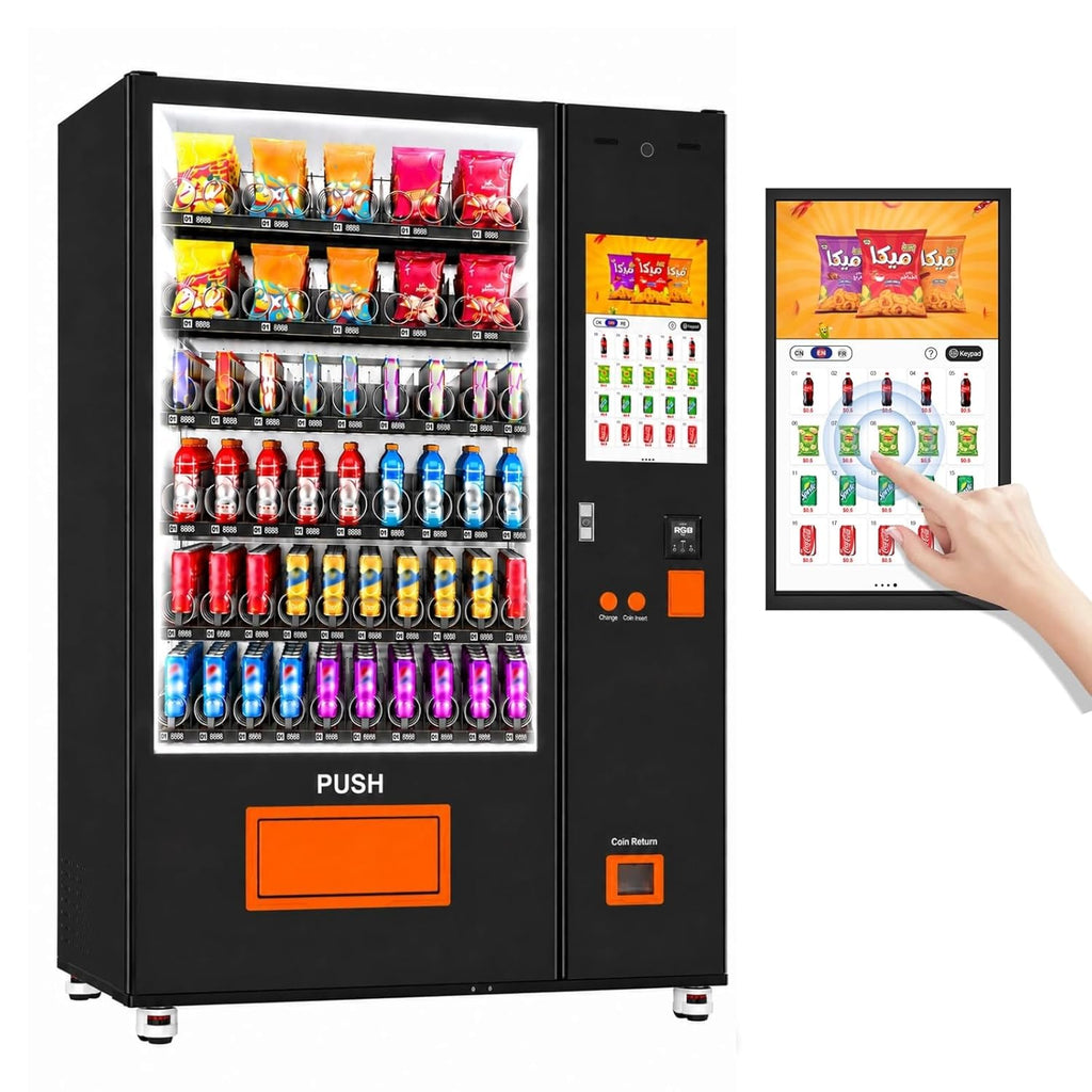 AFEN 60 Slots Vending Machine with Card Reader Commercial Snack & Drink Combo Vending Machine for Business Refrigerated, Mobile Remote Control, with 21.5" Touch Screen, Cashless Payment