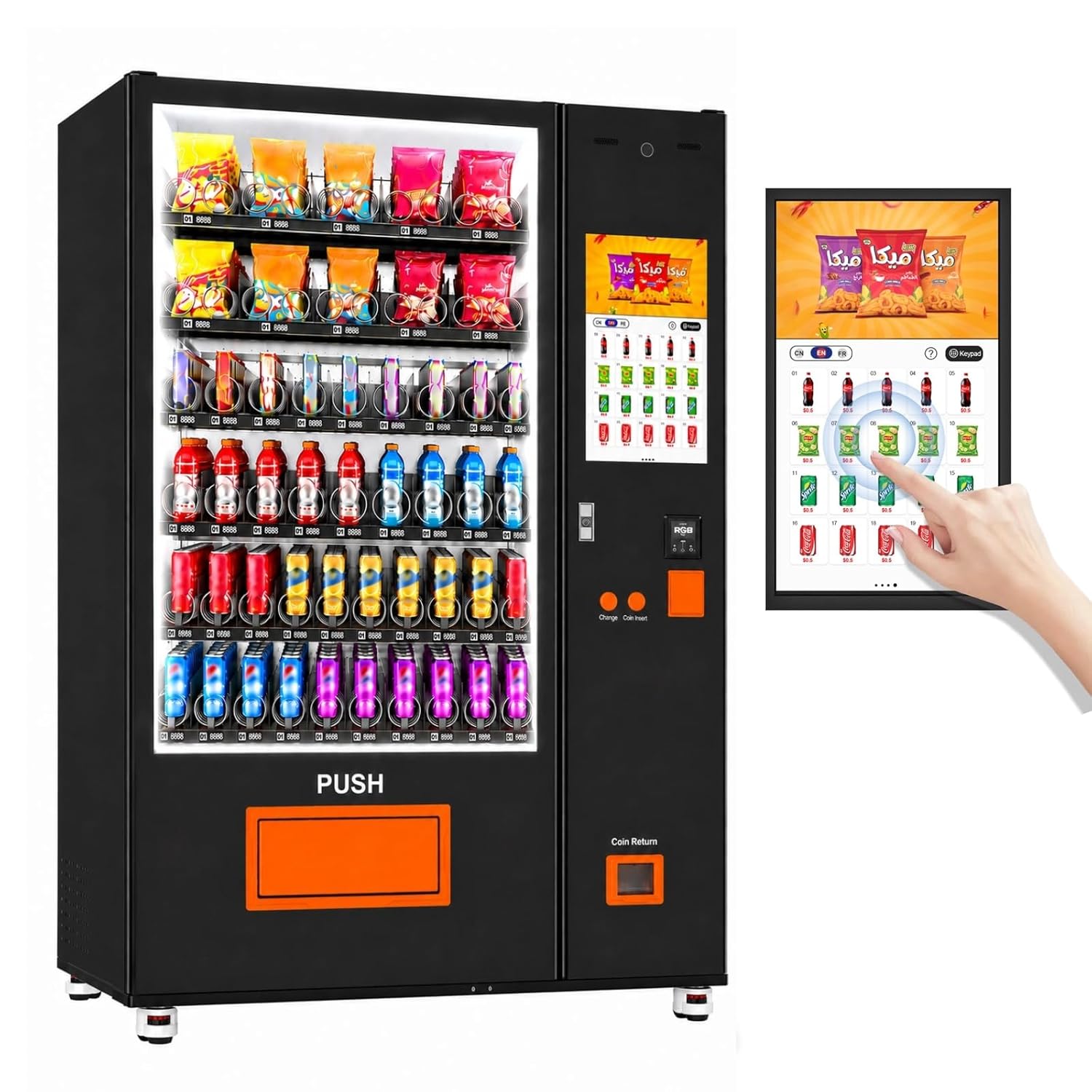 AFEN 60 Slots Vending Machine with Card Reader Commercial Snack & Drink Combo Vending Machine for Business Refrigerated, Mobile Remote Control, with 21.5" Touch Screen, Cashless Payment