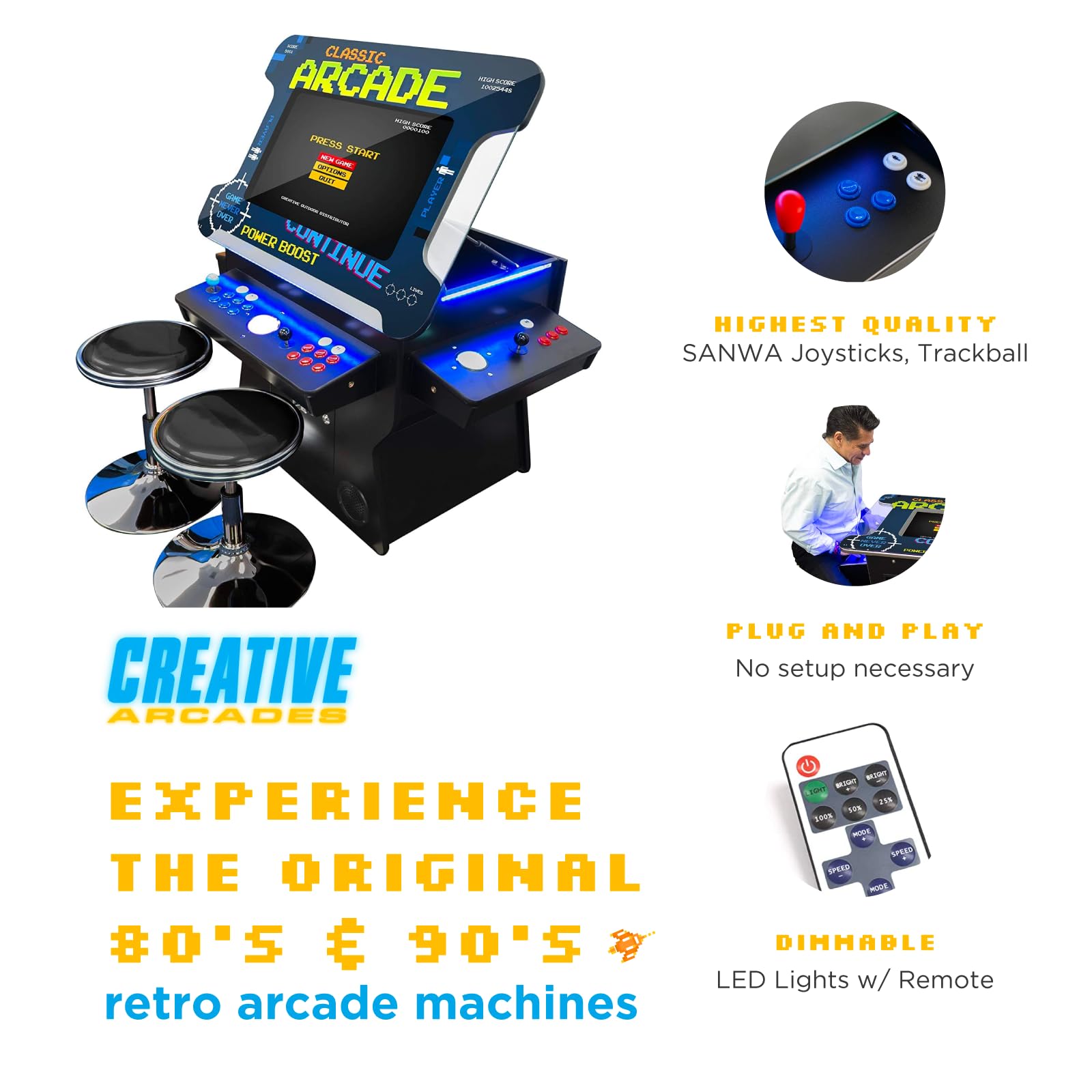 Creative Arcades Full Size Commercial Grade Cocktail Arcade Machine w/Lifting Screen | Trackball | Three-Sided | 4 Sanwa Joysticks | 2 Stools (4500 Games & 32" Screen & Woodgrain Edition)