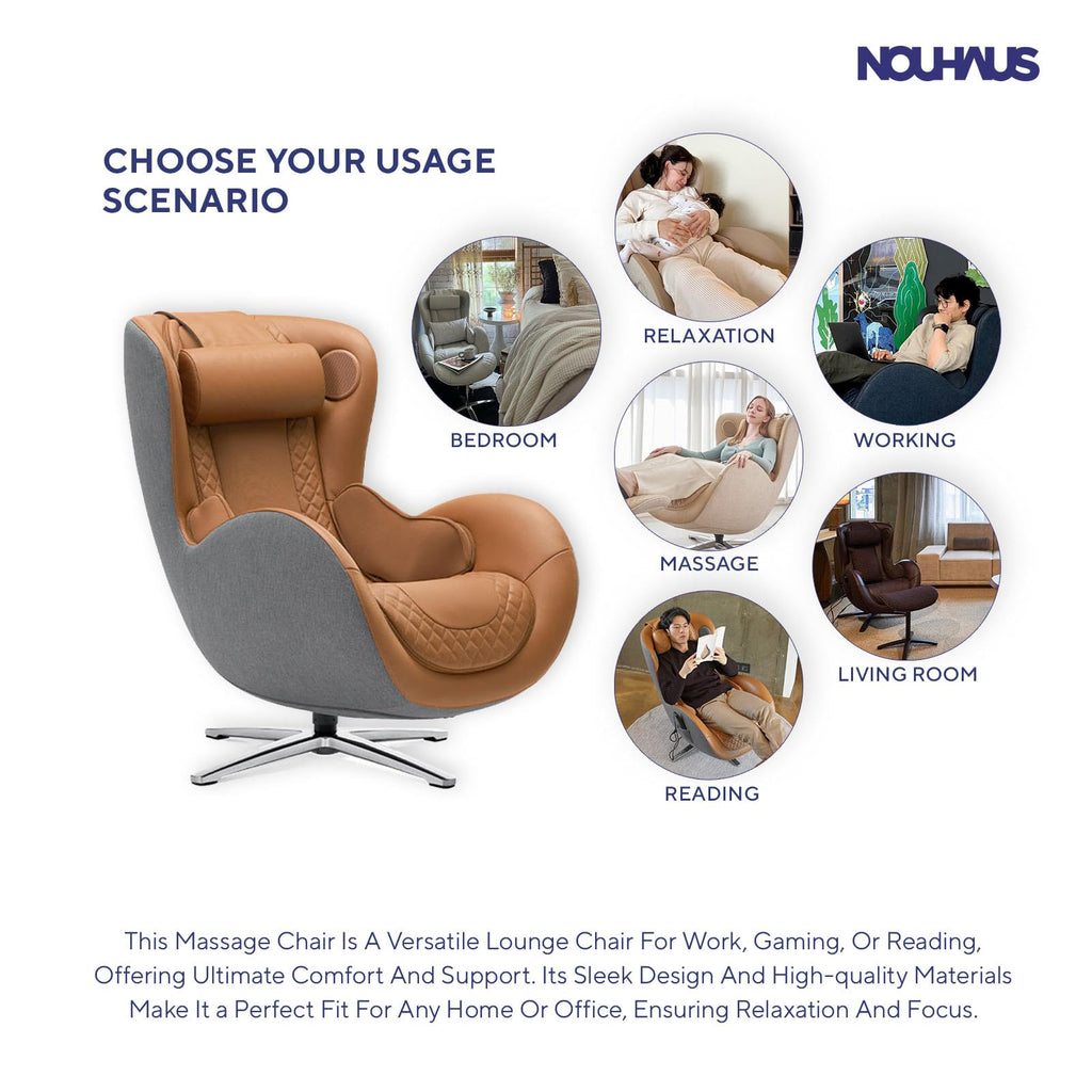 Nouhaus Classic Massage Chair with Ottoman – Caramel Leather Recliner with Percussive Shiatsu Massager, Built-in Speaker & Full Body Spot Massage – Ultimate Comfort for Home & Office