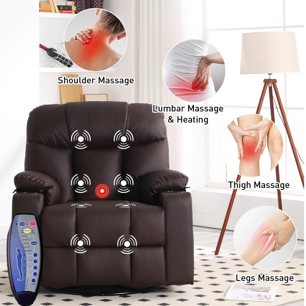 Bonzy Home Oversized Swivel Rocker Recliner, 40" Rocking Recliner Chair with Heated and Massage, PU Leather Single Sofa with Swivel Function, 2 Cup Holders for Living Room Bedroom, Black