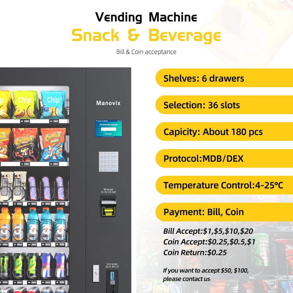 Beverage Snack Combo Commercial Vending Machine for Business with Credit Card Reader & Bill and Coin Acceptor Refrigerated Cold Drink soda with Temp Control Touch Screen