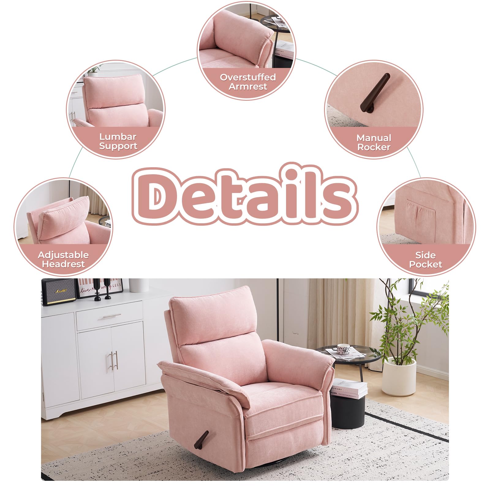 Oversized Rocking Chair Nursery with Massage and Heat, Glider Recliner Nursery Chair with Adjustable Headrest, Power Swivel Rocker Recliner Chair with USB Port, Dark Grey