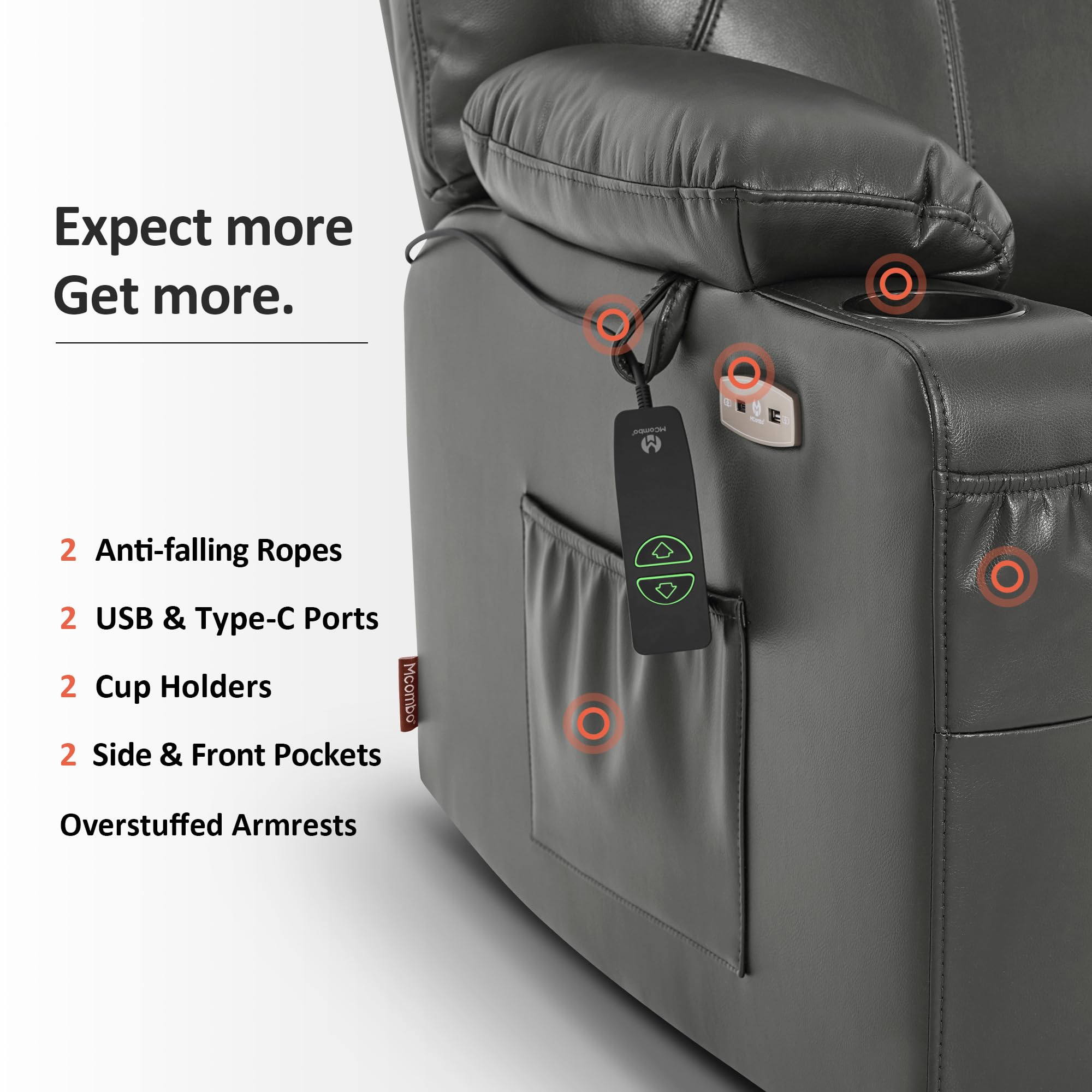 MCombo Electric Power Lift Recliner Chair Sofa with Massage and Heat for Elderly, 3 Positions, 2 Side Pockets, and Cup Holders, USB Ports, Faux Leather 7040 (Grey, Medium)