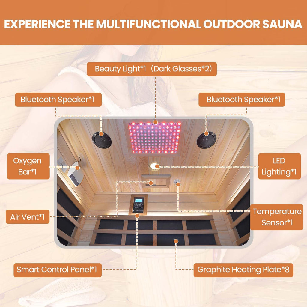 2 Person Infrared Sauna Far Infrared Sauna Room for Home Indoor 2000W Low-EMF Wood Dry Sauna with Full Starry Sky Lights Ceiling in 7 Color Speaker Fast Heating Easy Assembly- 47.3*41.3*74.8 IN