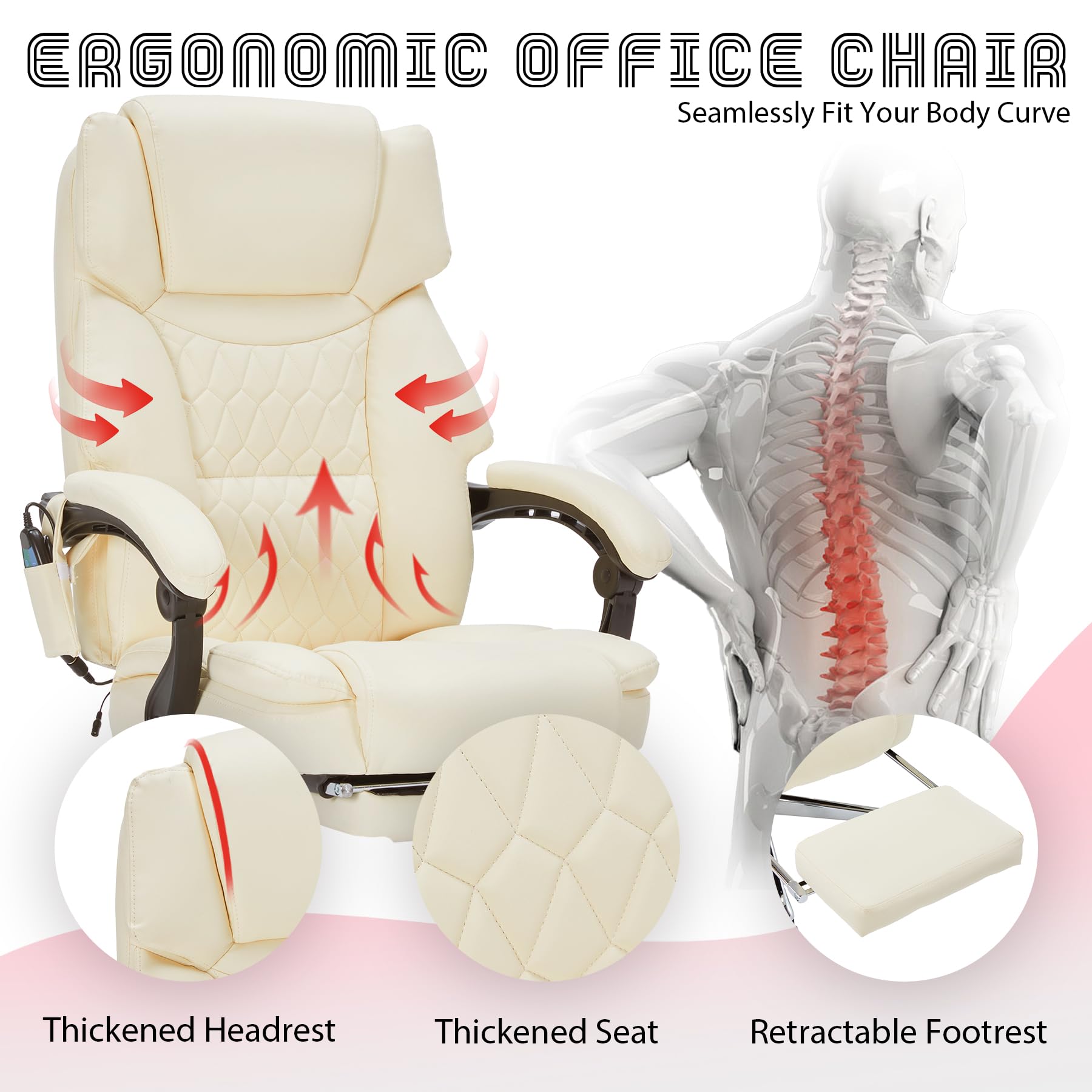 Massage Office Chair with Foot Rest 6 Points Vibration and Heat Home Office Desk Chairs for Heavy People 400lbs Reclining Managerial Chairs Ergonomic Executive Chair (Black)