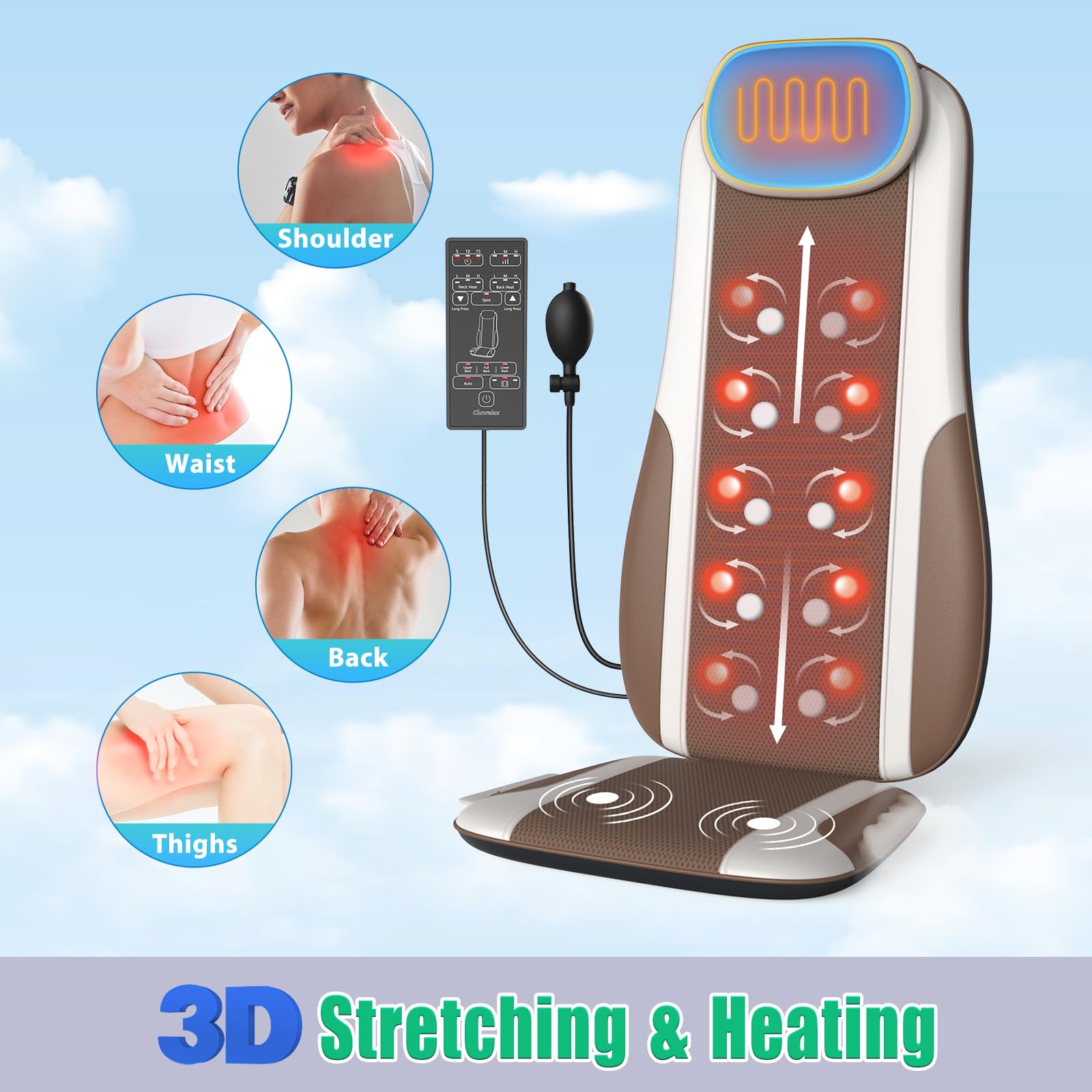 Back Massager with Heat, Full Body Massage Pad with Pillow Neck Support, Soft Plush Fabric Cover, Chair Massager with 3D Lumbar Truction and 8 Vibration Motors, Home Office Use