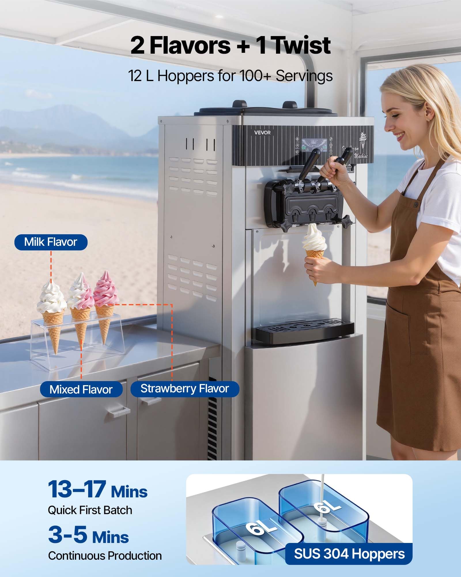 VEVOR Commercial Ice Cream Machine, 21 QT/H Soft Serve Ice Cream Maker with LCD Panel Auto Clean 3-Flavor Pre-cooling for Restaurant Snack Bar