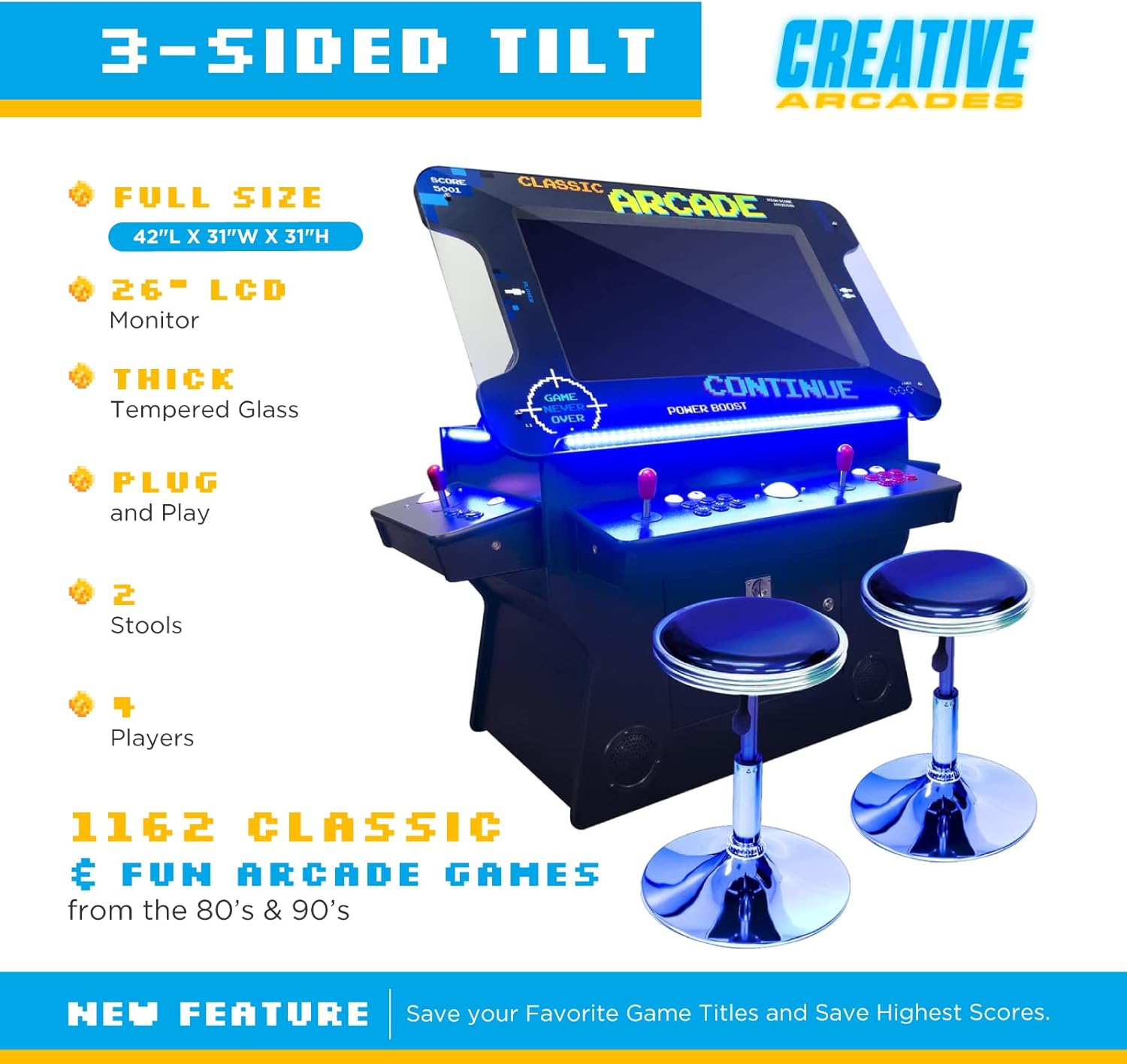 Creative Arcades Full Size Commercial Grade Cocktail Arcade Machine w/Riser | 2 Player | 1162 Games | 26" LCD Lifting Screen | LED | 4 Sanwa Joysticks | Trackball | 2 Stools | 3 Year Warranty