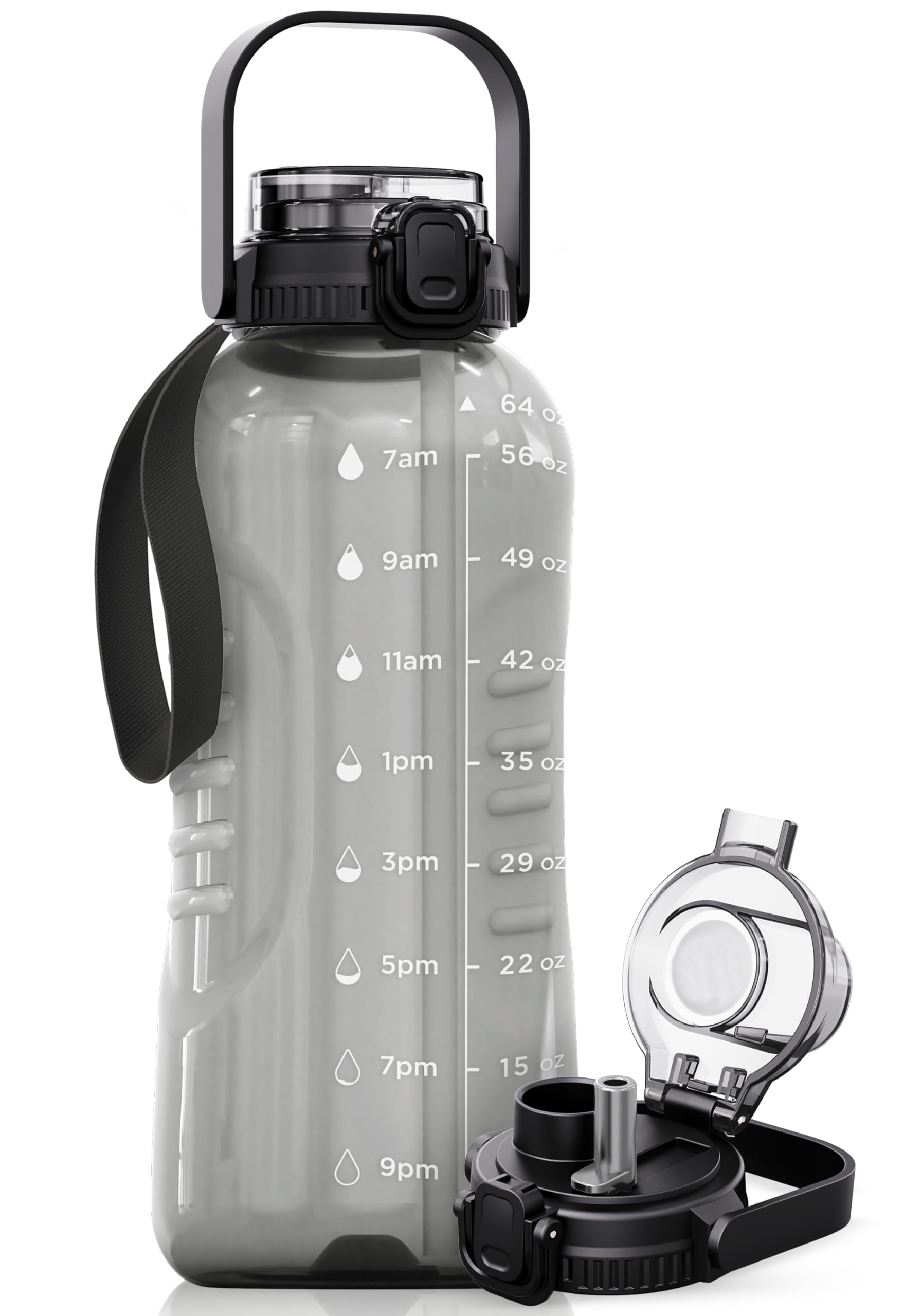 AQUAFIT 64 oz Water Bottle with Time Marker - 2in1 Straw & Chug Lid - BPA Free Big Water Bottle with Straw - Gym Water Bottle with Strap - Water Jug (64 Ounces, Clarity)