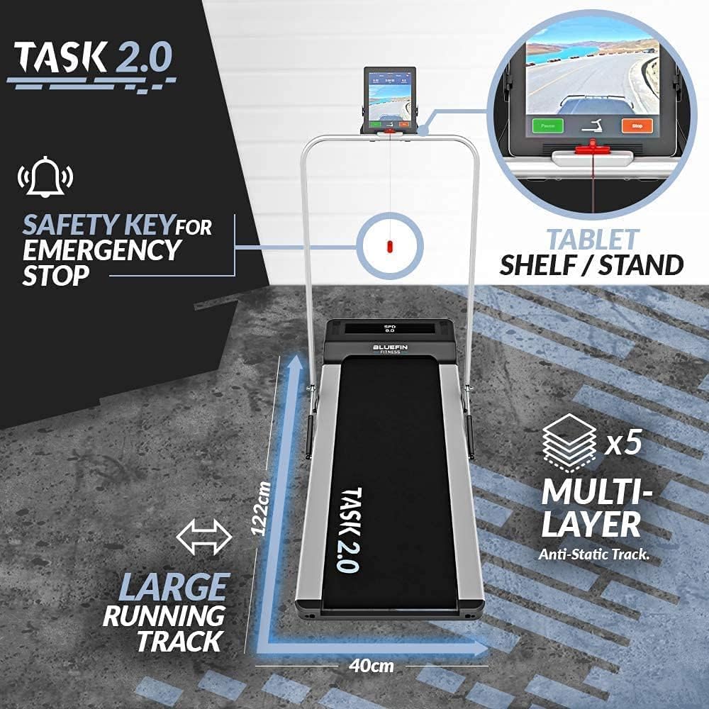 Bluefin Fitness Task 2.0 2-in-1 Folding Under Desk Treadmill | Home Gym Office Walking Pad | 8 Km/h | Joint Protection Tech | Smartphone App | Bluetooth Speaker | Compact Walking/Running Machine