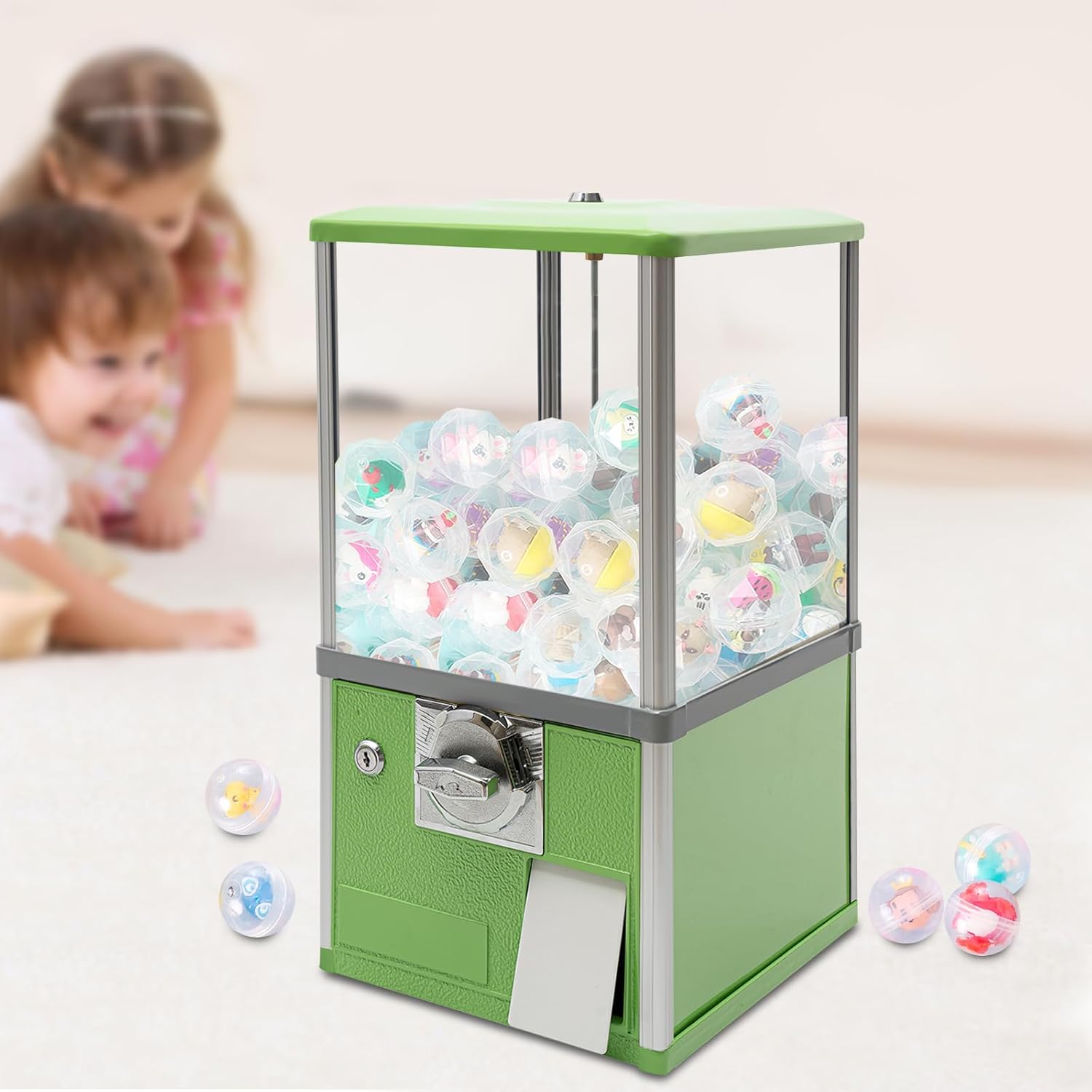 Vending Machine,Commercial Capsule Toys Vending Machine,Green Gumball Machine with 4 Keys,1.77-1.97Inches Twister Ball Diameter for Game Stores,Amusement Parks,25 Cent Coin Bank Cap:800