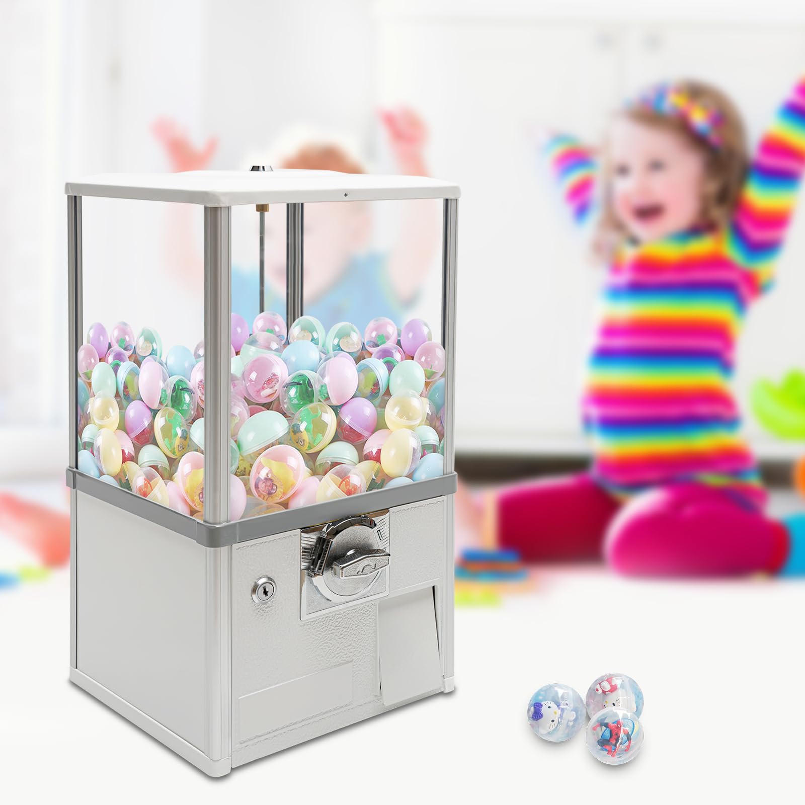 Vending Machines, 25 Cents Coin Operated Vending Machine Commercial Large Capacity Gumball Machine Capsule Toys Vending Dispenser Vending Machine for Amusement Parks, Retail Stores (White)
