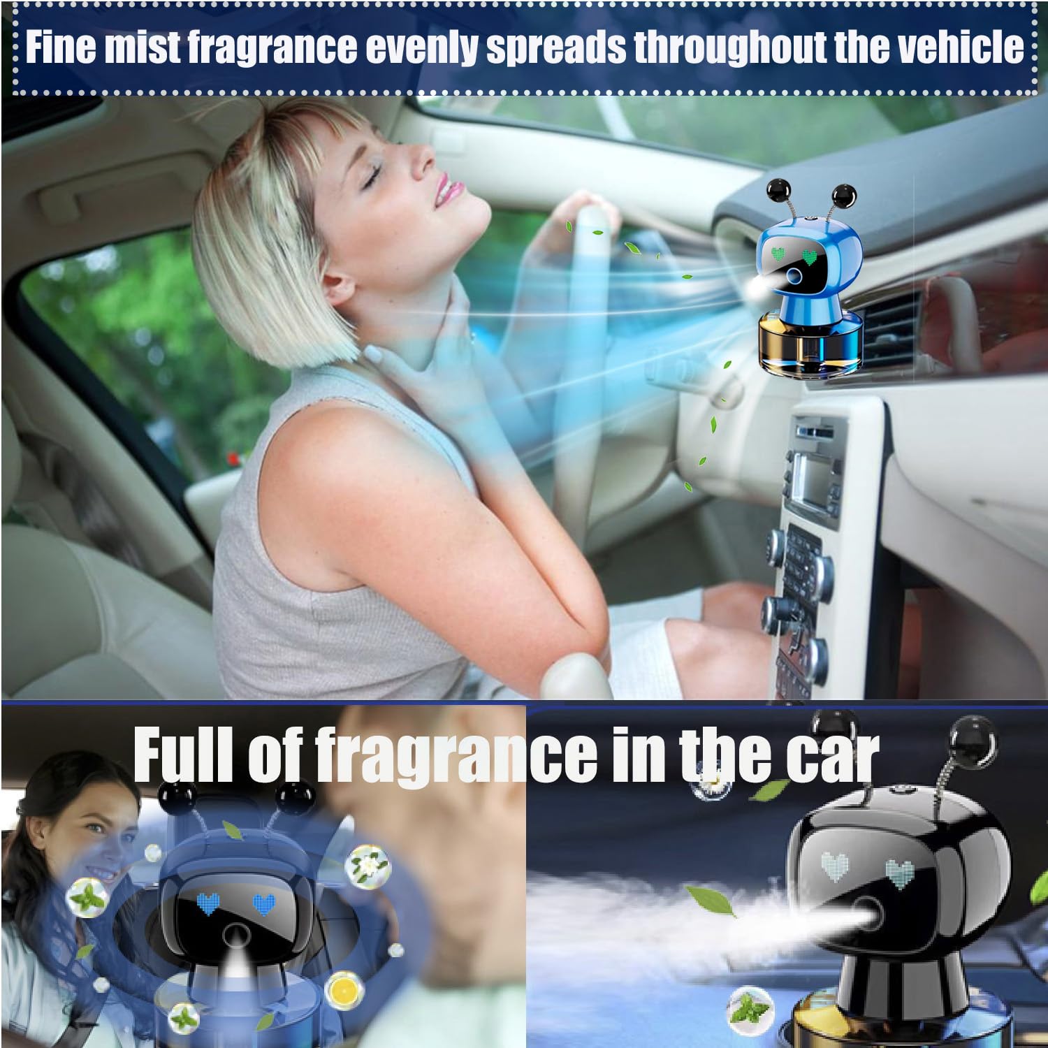 Robot Intelligent Aromatherapy Machine, Smart Cute Robot Car Air Freshener - Fine Spray/Fillable/Four-Gear Adjustment/Vibration Sensing/On-Off/Large Capacity Long-Lasting Fragrance/Black-V2(Cologne)