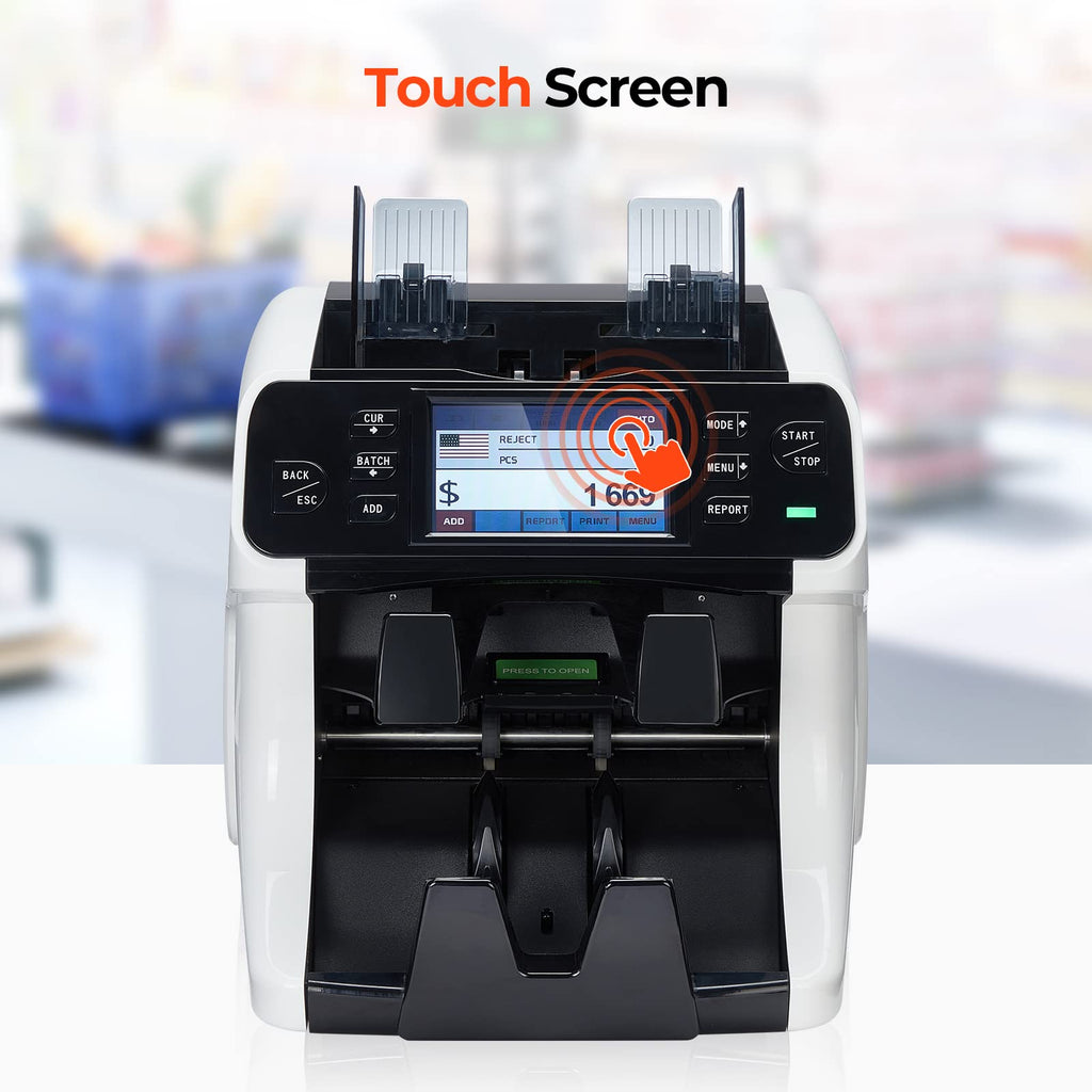 MUNBYN 2-Pocket Money Counter Machine Mixed Denomination, Money Sorter, Built-in Printer, Sort on DENOM/FACE/ORI, Value Counting, 2 CIS/UV/MG/IR Counterfeit Detection, Touch Screen, 2Y Protection