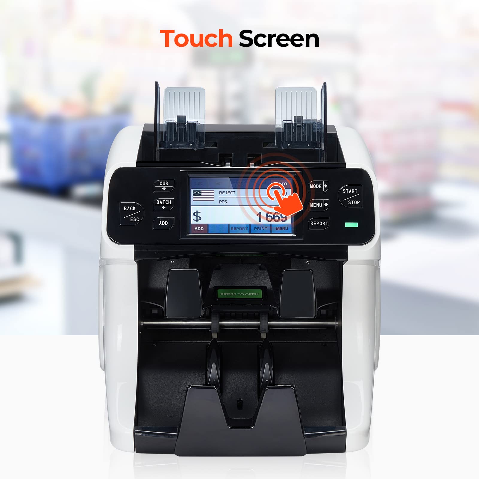 MUNBYN 2-Pocket Money Counter Machine Mixed Denomination, Money Sorter, Built-in Printer, Sort on DENOM/FACE/ORI, Value Counting, 2 CIS/UV/MG/IR Counterfeit Detection, Touch Screen, 2Y Protection