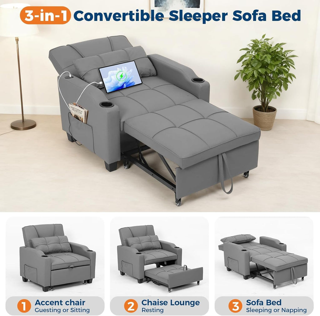 Sleeper Chair Pull Out Bed, 4 in 1 Convertible Sofa Chair Bed with Vibration Massage Lumbar Pillow, Single Sofa Recliner with USB/Type-C Port, Cup Holders and Side Pocket for Small Spaces (Brown)