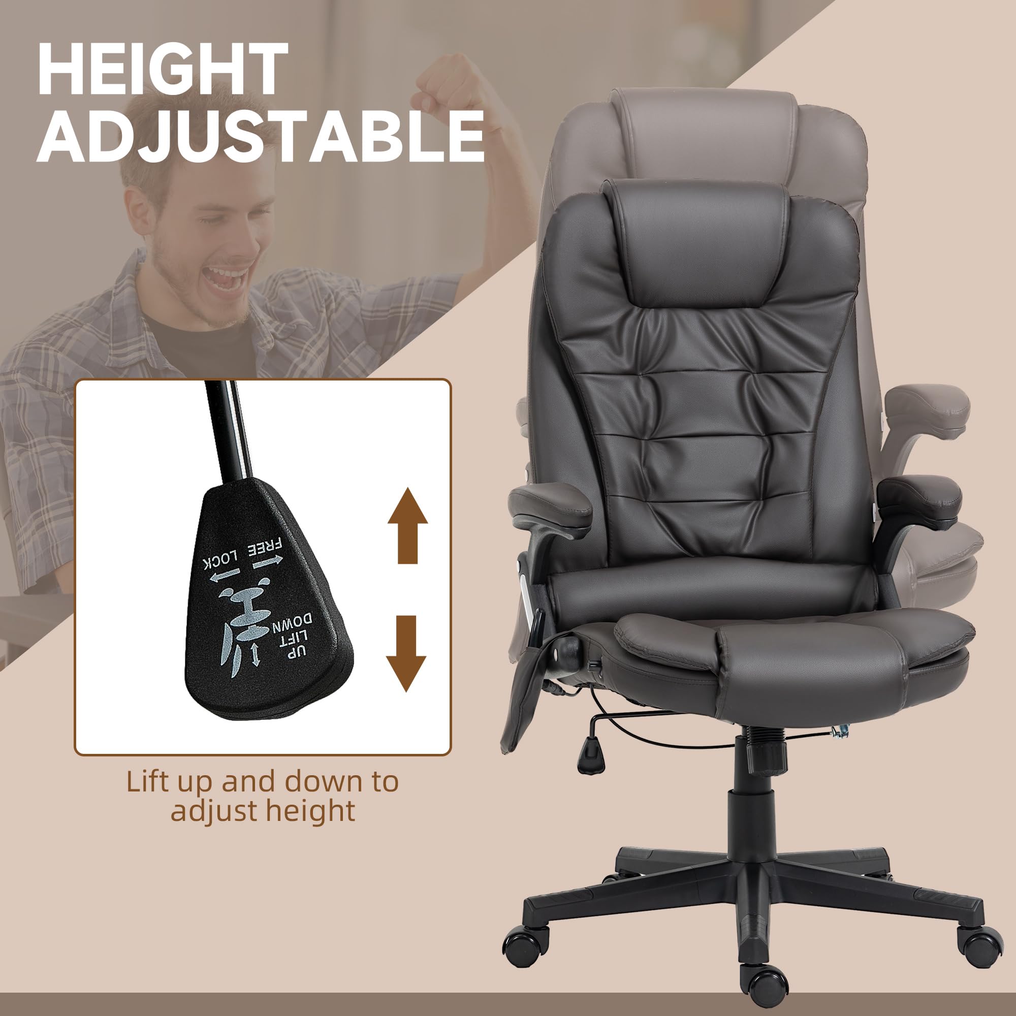 HOMCOM High Back Vibration Massage Office Chair with 6 Vibration Points, Heated Reclining PU Leather Computer Chair with Armrest and Remote, Brown