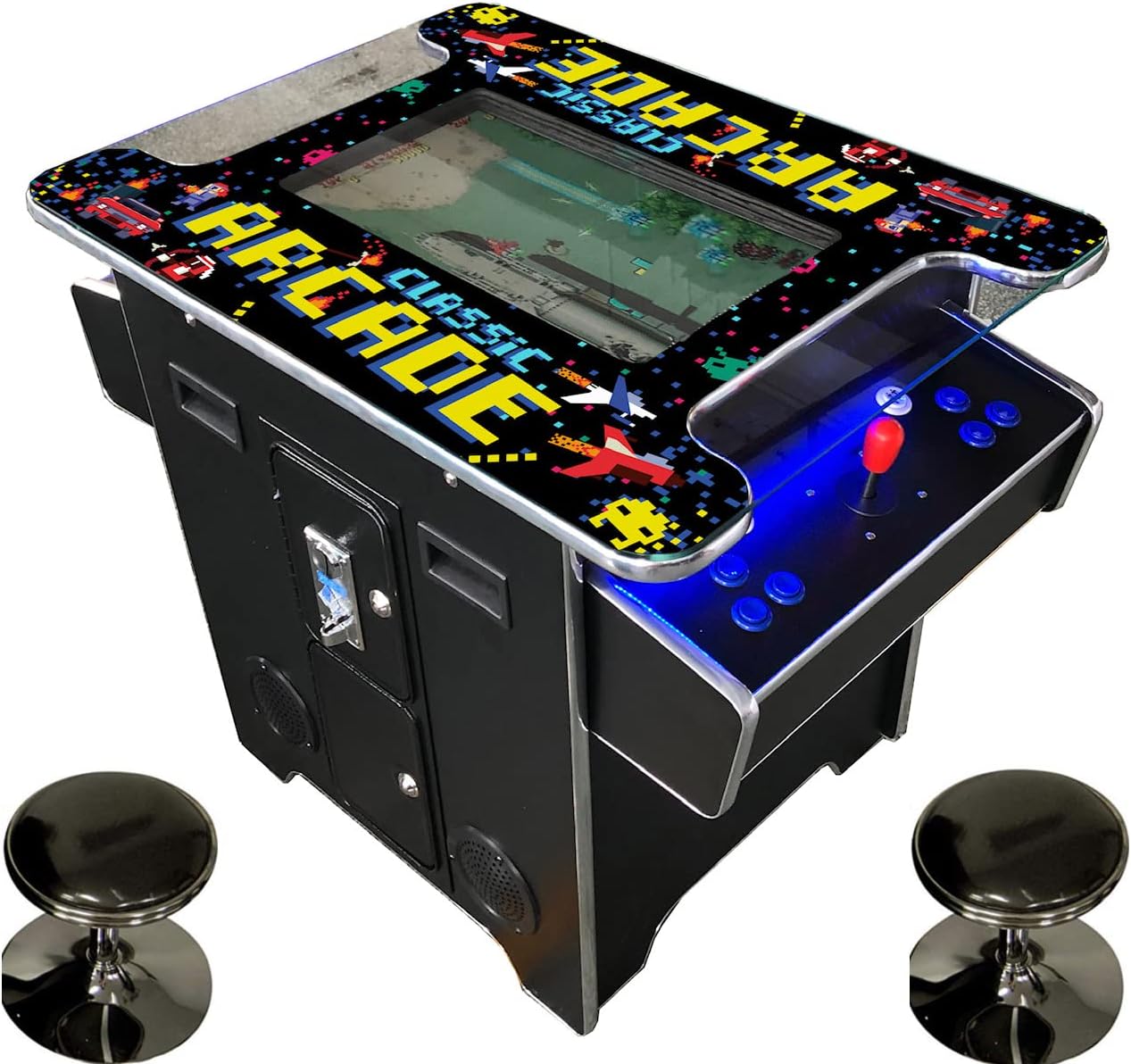 Top Us Video Arcades Full Size Commercial Grade Cocktail Arcade Machine 2 Player Retro 60 Games 22" LCD Screen Tempered Glass 2 Stools Included 5 Year Warranty Black