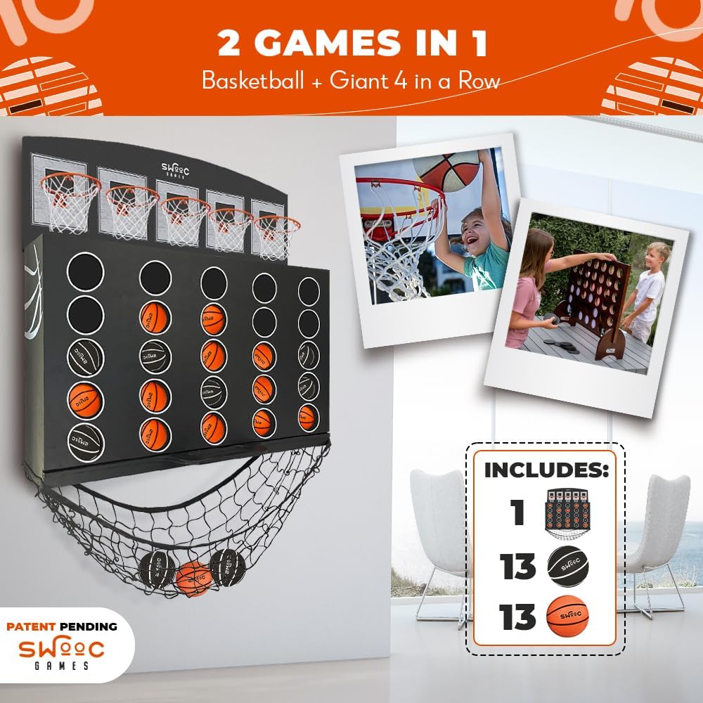 Swooc Games - Low Post Lineup™ | Wall Mounted Giant Basketball 4 In A Row w/ 5+ Games | Basketball Hoop For Room Wall Games | Game Room Games | Mini Basketball Hoop Indoor Connect | Four In A Row Game