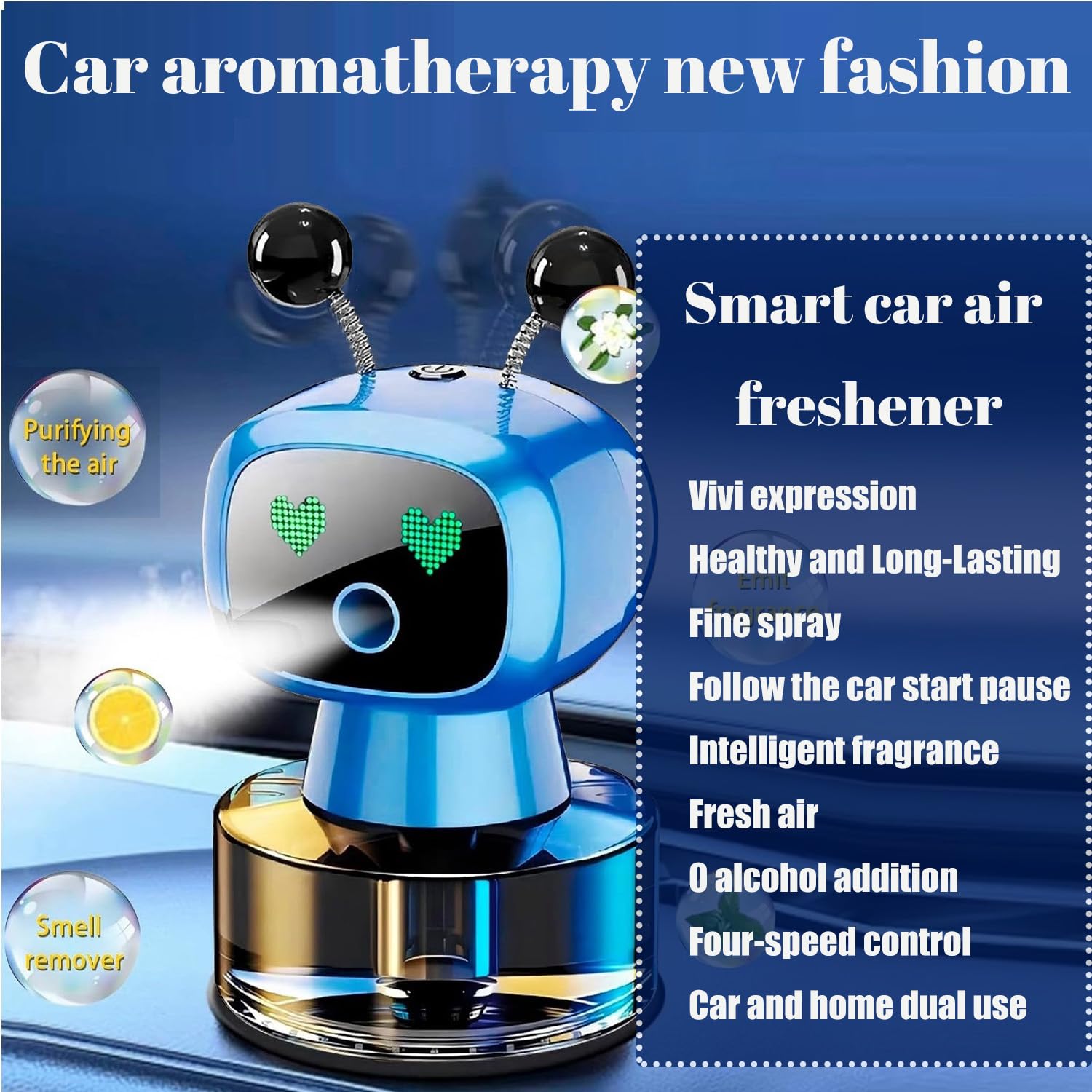 Robot Intelligent Aromatherapy Machine, Smart Cute Robot Car Air Freshener - Fine Spray/Fillable/Four-Gear Adjustment/Vibration Sensing/On-Off/Large Capacity Long-Lasting Fragrance/Black-V2(Cologne)