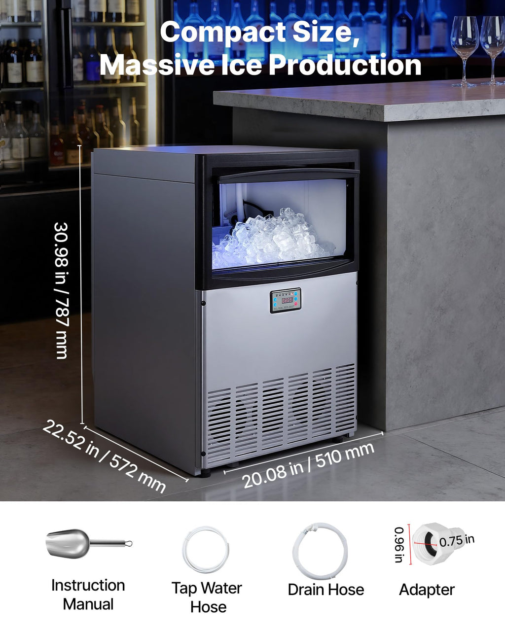 VEVOR Commercial Ice Maker Machine, 100 lbs/24h with 30-35 lbs Storage, Bullet Ice,Built-in/Freestanding/Under Counter, Stainless Steel Ice Maker with LED Display for Home Bar Restaurant