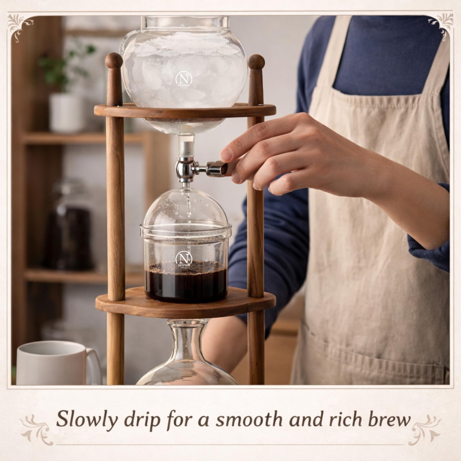 Nispira Cold Brew Drip Tower Iced Coffee Maker Glass Wooden Stand 25 Cups