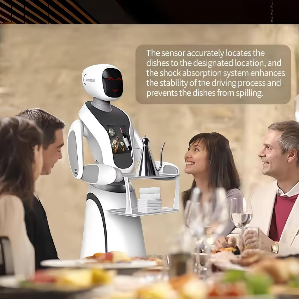 Restaurant Service Robot–Interactive Smart Waiter for Food & Drink Delivery, Autonomous Indoor Navigation, Automatic Obstacle Avoidance, Elevator Control, Self-Charging, Large Tray