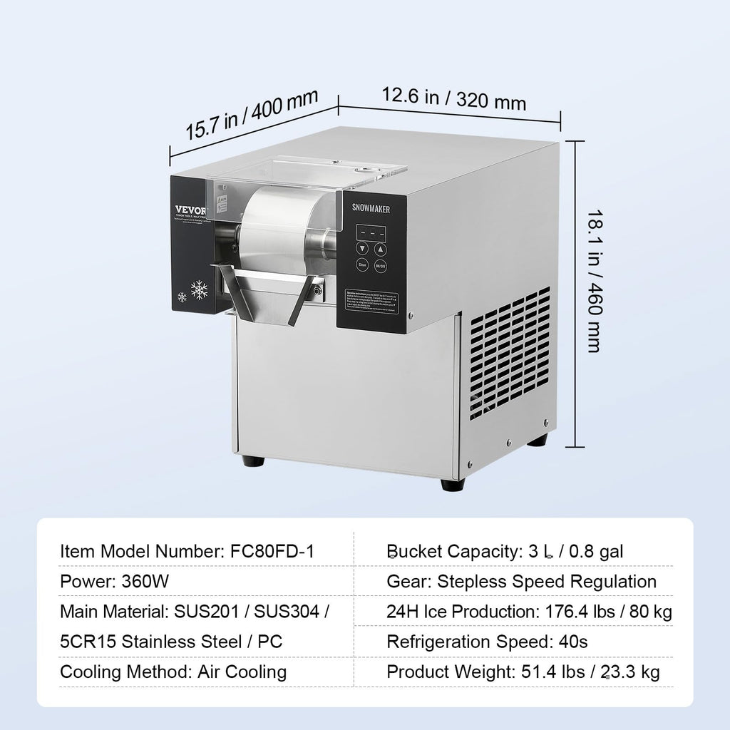 VEVOR Commercial Snowflake Ice Machine, 397LBS/24H Snowflake Ice Maker, Stainless Steel Ice Shaver Machine, Electric Snow Cone Maker, Liquid Cooling System for Rapid Heat Dissipation, Ice Cream