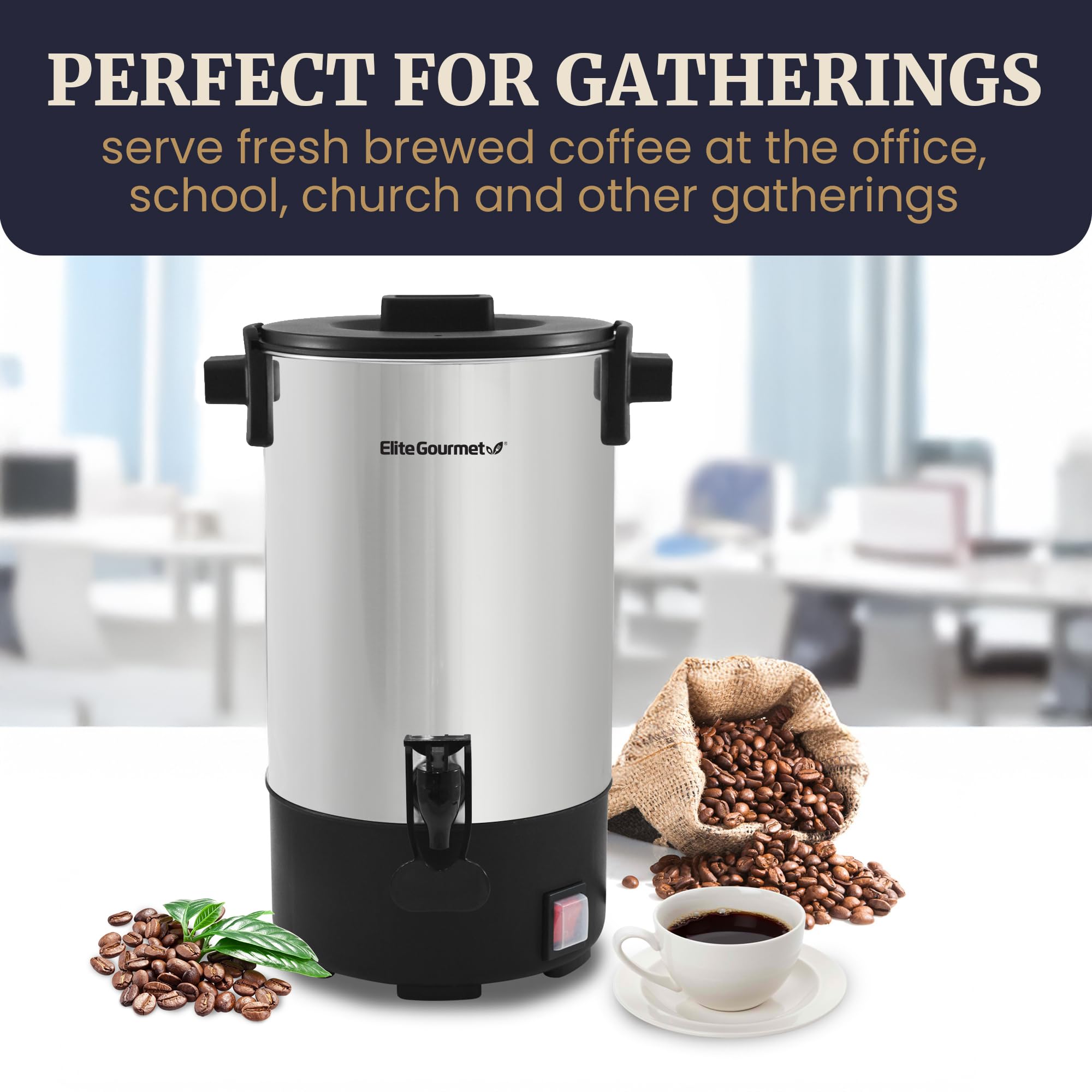 Elite Gourmet 100-Cup Commercial Coffee Urn & Hot Water Boiler – Dual-Wall Insulated, Tested to Keep Coffee Hot for 24 Hours, Dripless Faucet, Stainless Steel for Offices, Churches & Catering