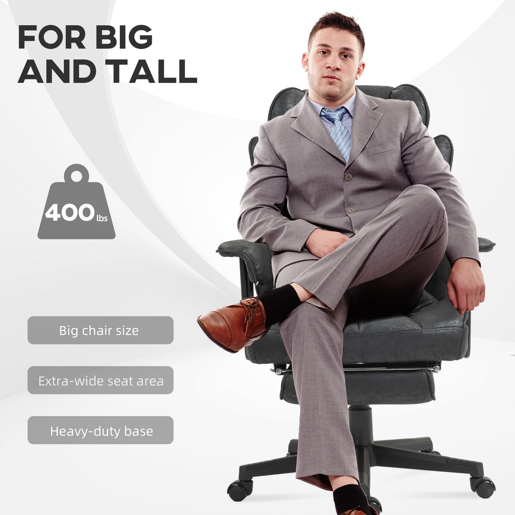 HOMCOM Massage Executive Office Chair with 6 Vibration Points, 400LBS Heated Big and Tall Office Chair with Foot Rest and Lumbar Support, Microfiber Reclining Computer Desk Chair, Gray