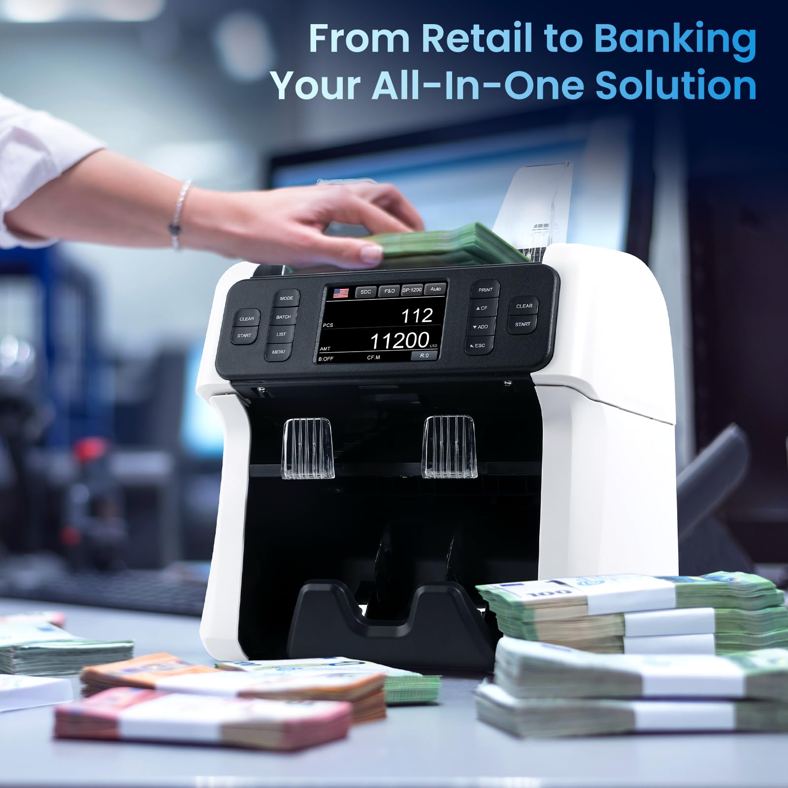 NUCOUN Mixed Denomination Money Counter Machine,Mixed Value Bill Counter and Sorter,with Reject Pocket,Multi Currency Note Counter,Counterfeit Detection 2 CIS/UV/MG/IR,4 inch Touch Screen,SN Record